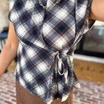 THML - Navy & Cream Plaid Tie Blouse-200 Fashion Blouses-THML-July & June Women's Fashion Boutique Located in San Antonio, Texas
