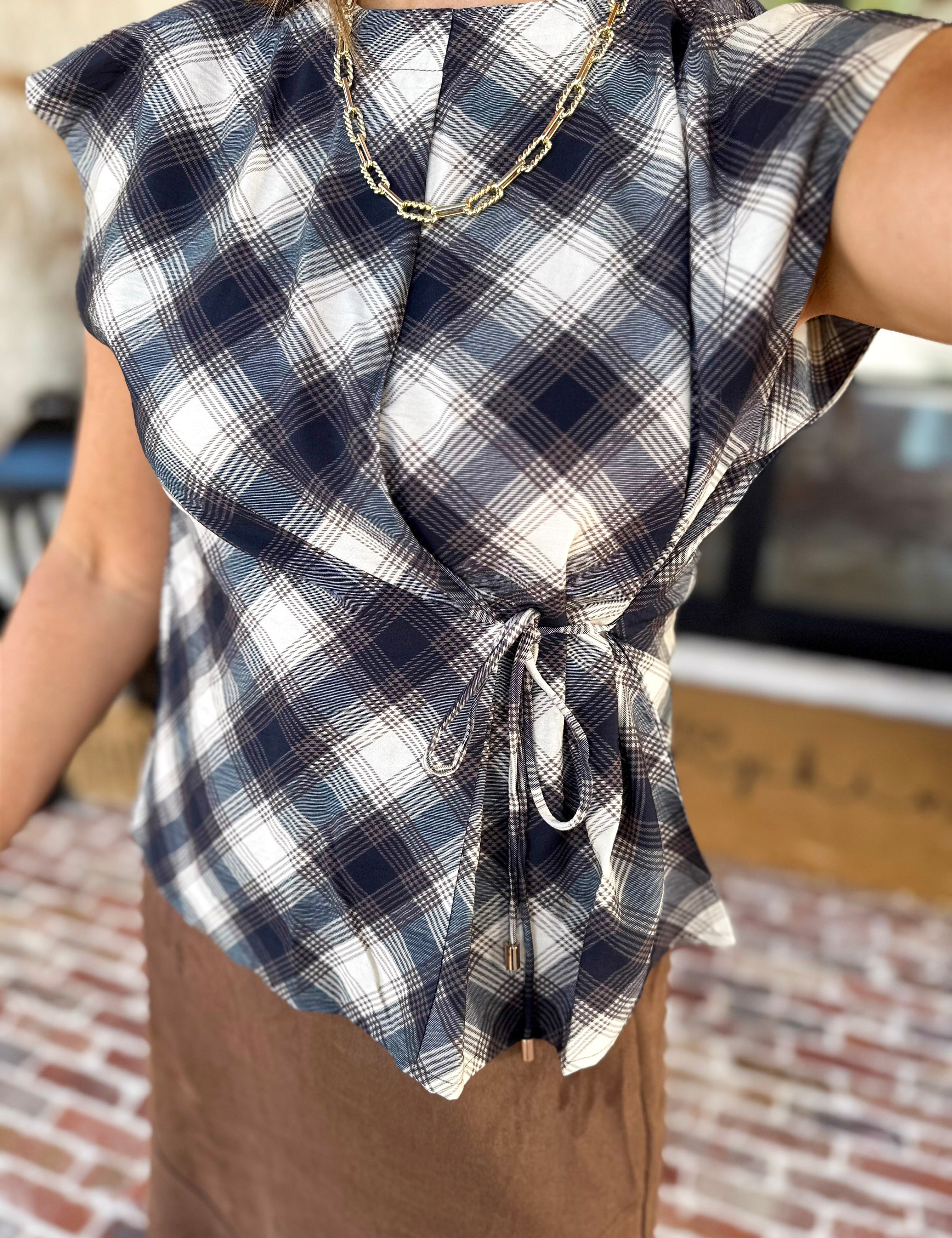THML - Navy & Cream Plaid Tie Blouse-200 Fashion Blouses-THML-July & June Women's Fashion Boutique Located in San Antonio, Texas