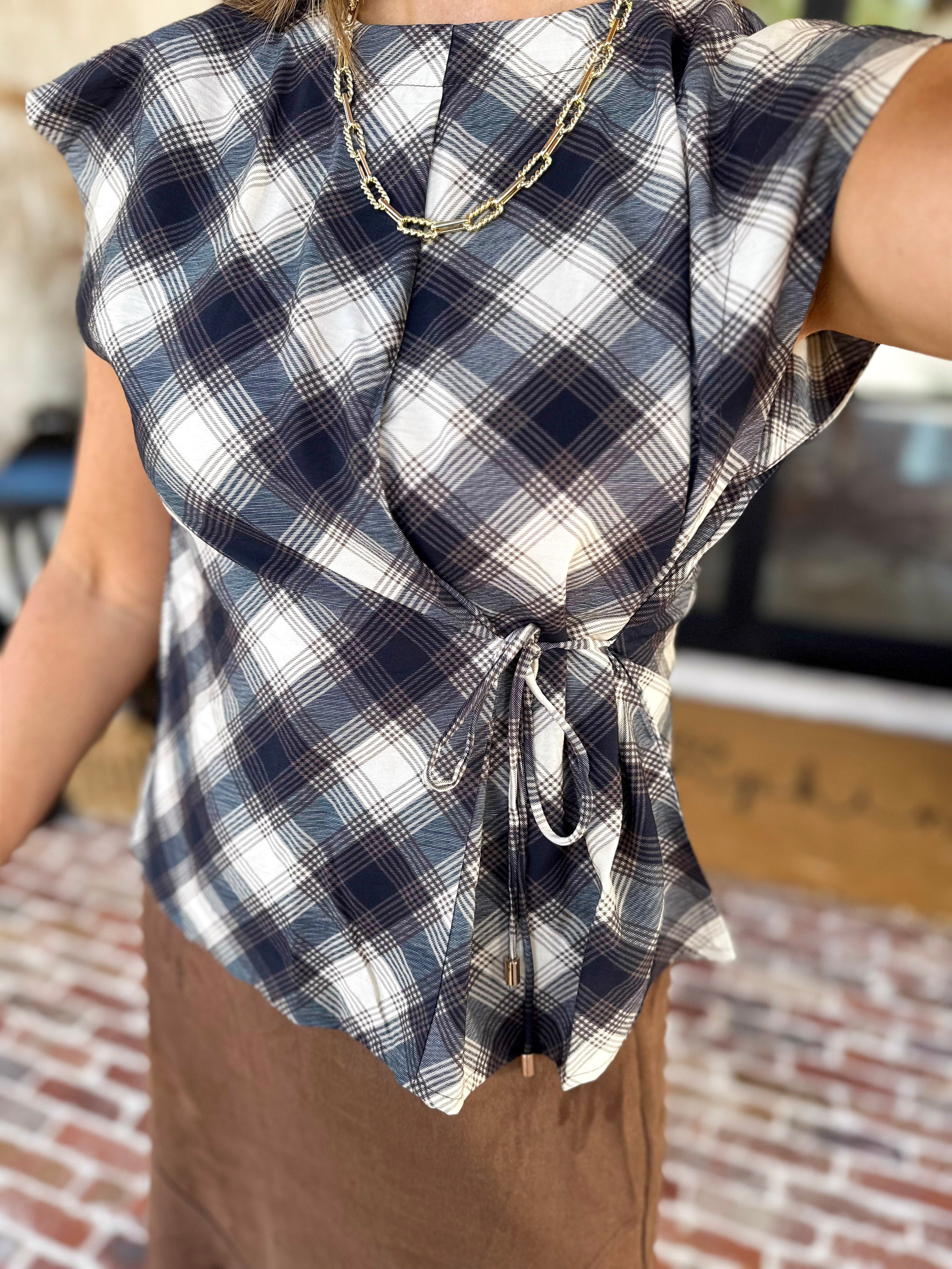 THML - Navy & Cream Plaid Tie Blouse-200 Fashion Blouses-THML-July & June Women's Fashion Boutique Located in San Antonio, Texas