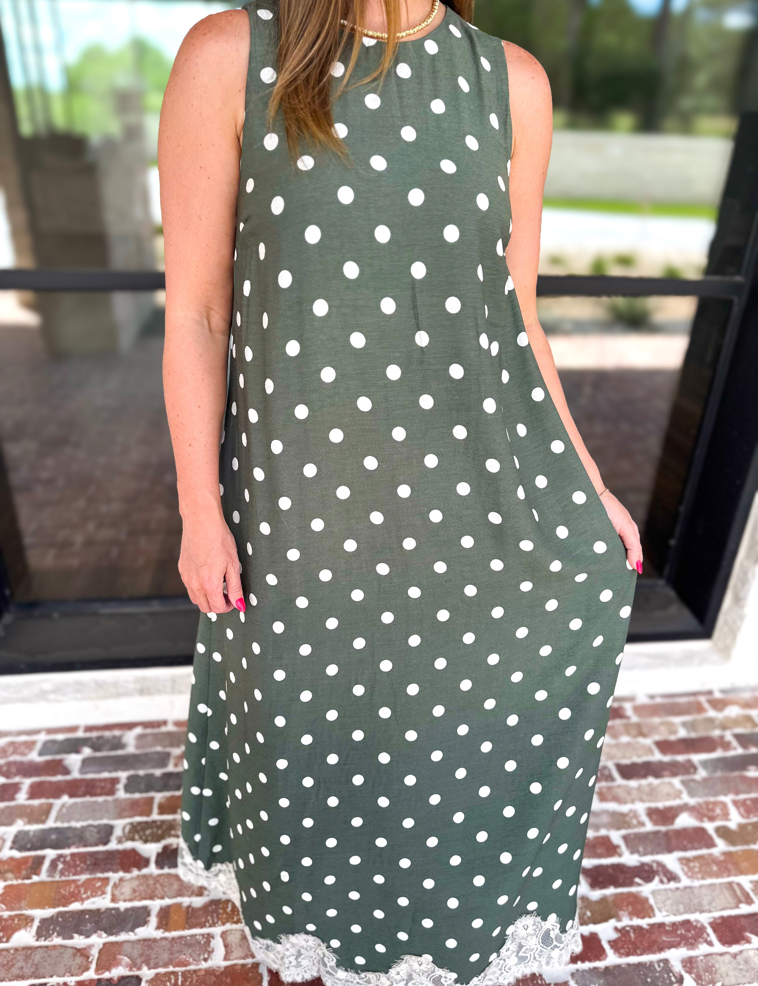 Effortless Polka Dot Midi Dress - Olive-500 Midi-ENTRO-July & June Women's Fashion Boutique Located in San Antonio, Texas