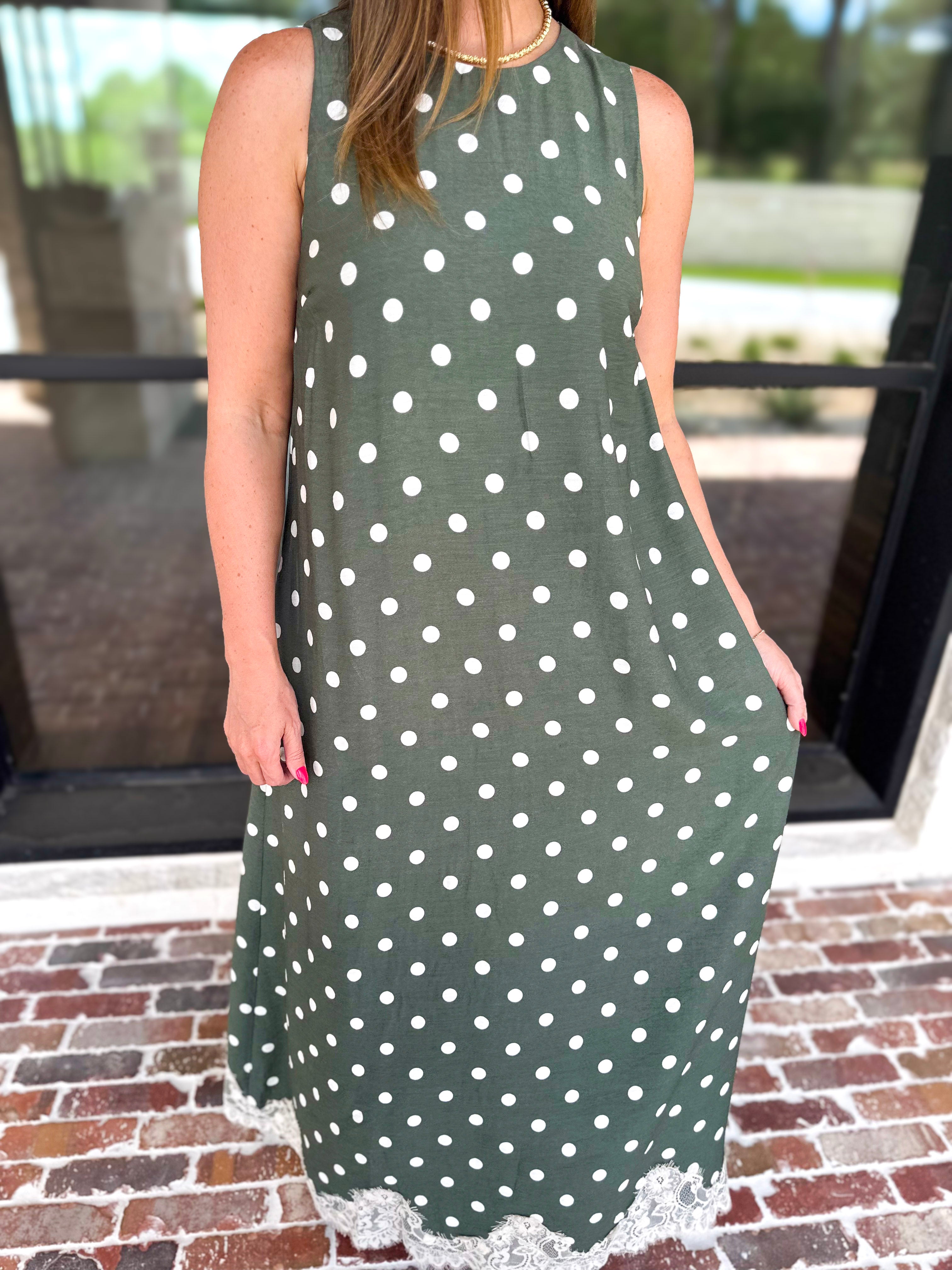 Effortless Polka Dot Midi Dress - Olive-500 Midi-ENTRO-July & June Women's Fashion Boutique Located in San Antonio, Texas