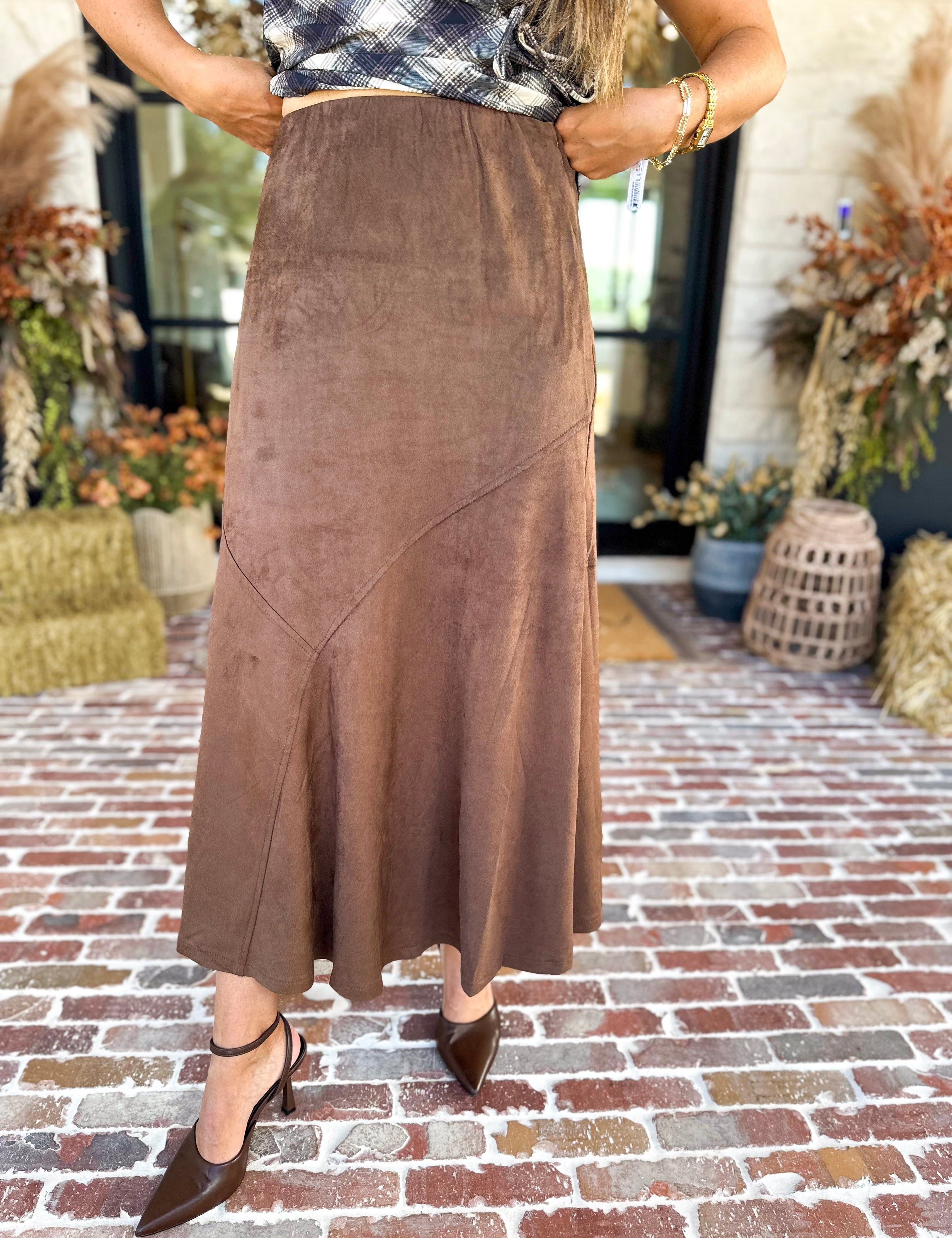 Suede Midi Skirt - Brown-410 Shorts/Skirts-STYLE USA-July & June Women's Fashion Boutique Located in San Antonio, Texas