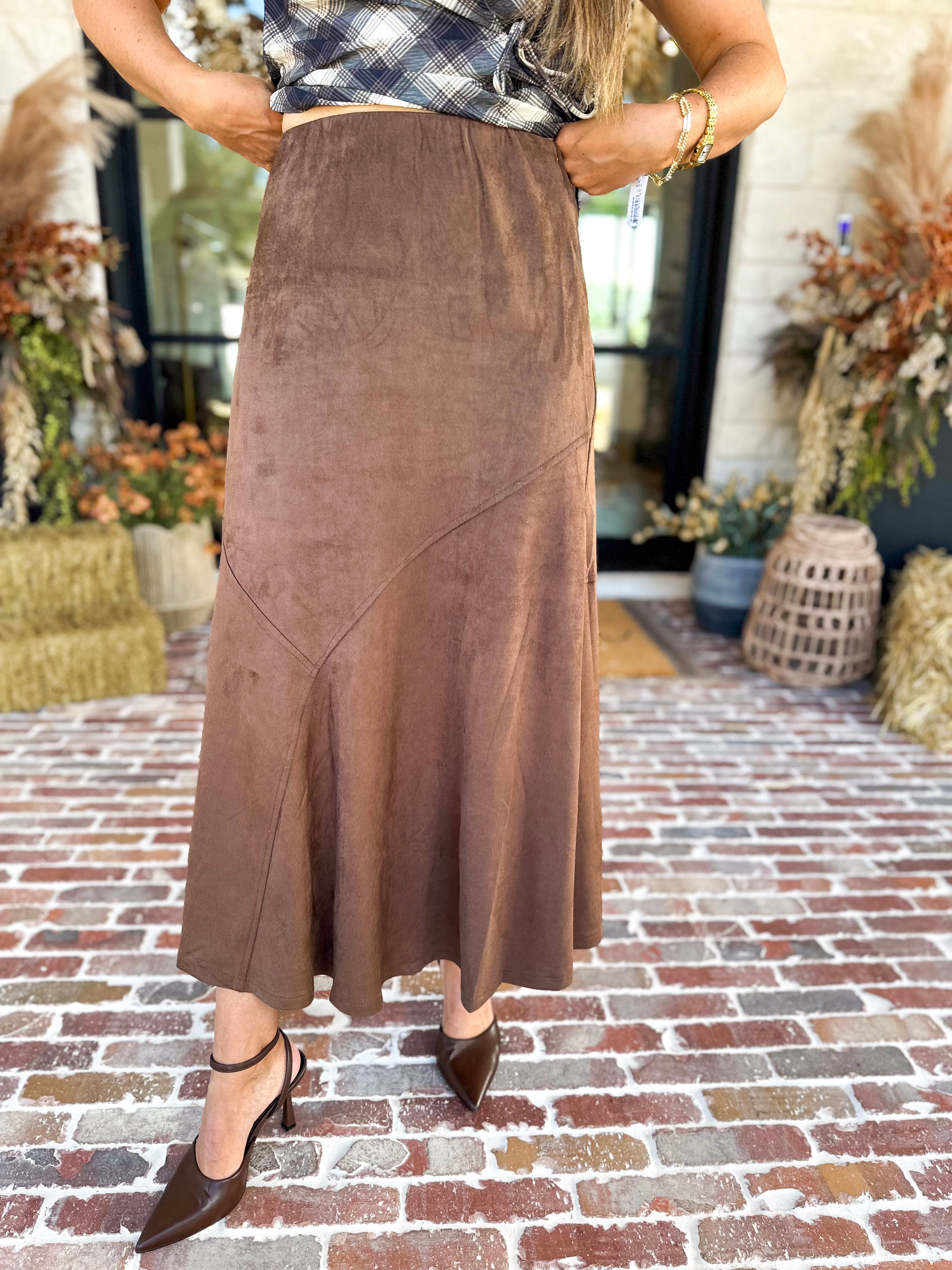 Suede Midi Skirt - Brown-410 Shorts/Skirts-STYLE USA-July & June Women's Fashion Boutique Located in San Antonio, Texas