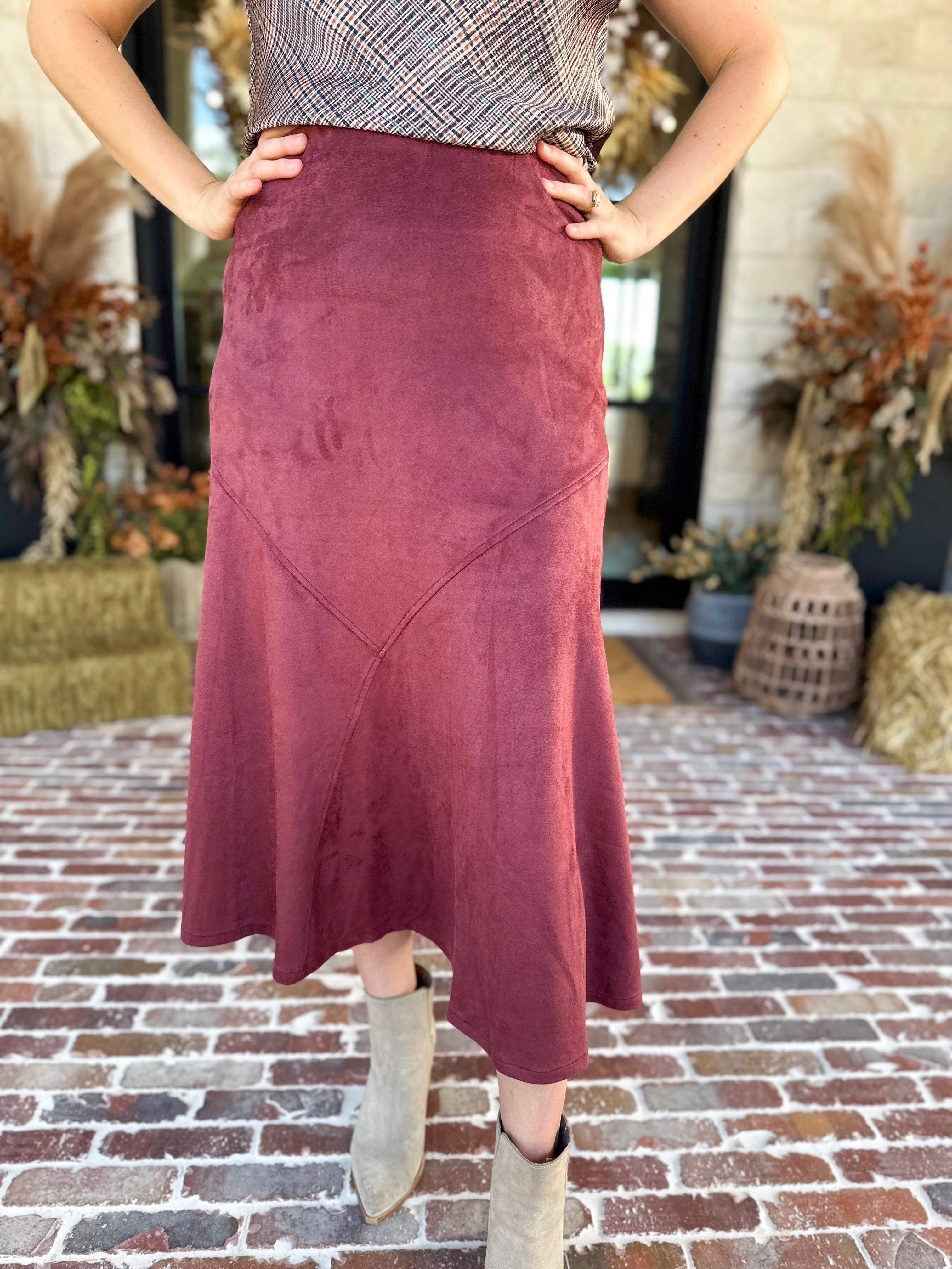 Suede Midi Skirt - Maroon-410 Shorts/Skirts-STYLE USA-July & June Women's Fashion Boutique Located in San Antonio, Texas