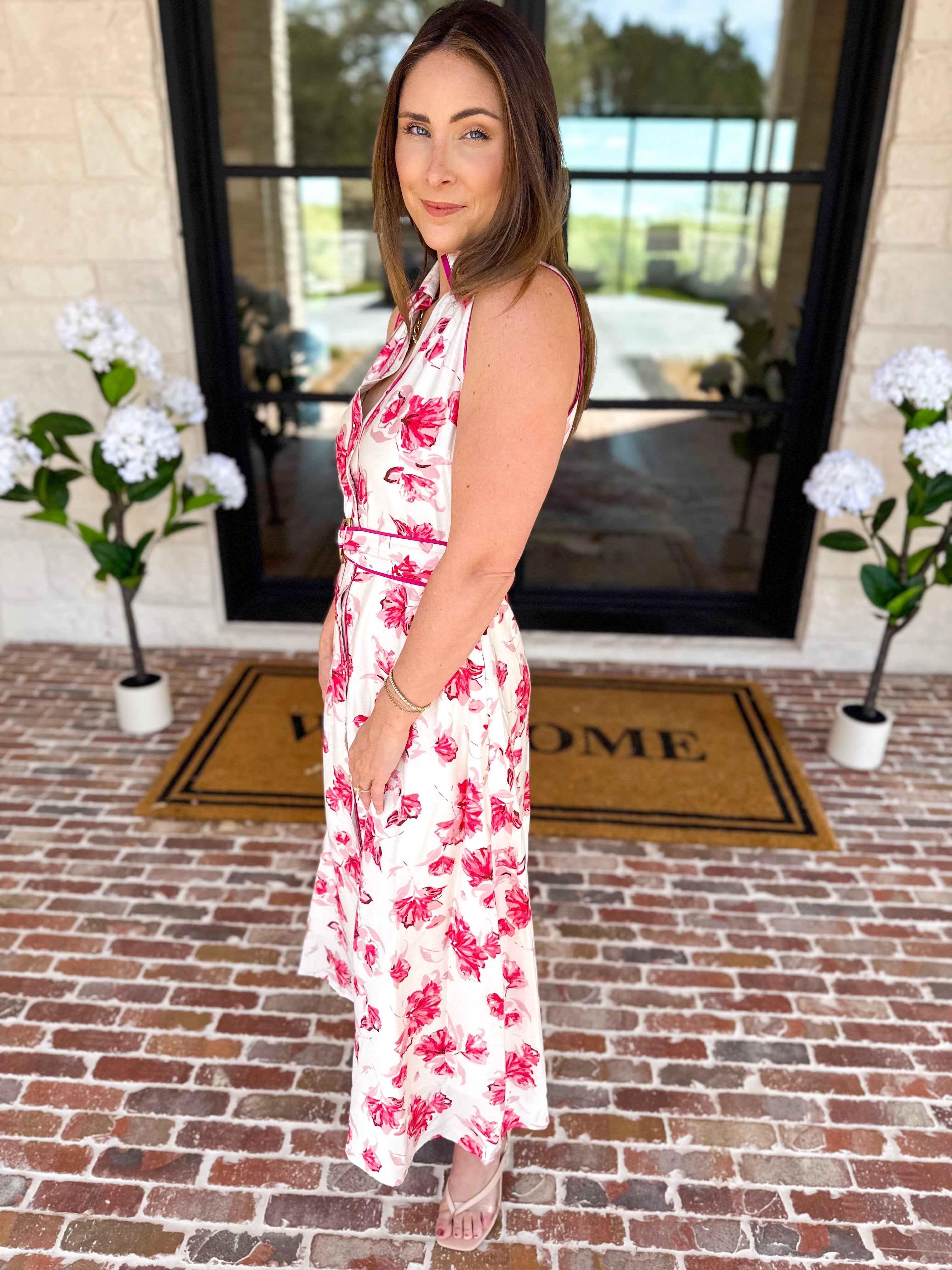 Vibrant Pink Floral Midi Dress-500 Midi-IN FEBRUARY-July & June Women's Fashion Boutique Located in San Antonio, Texas