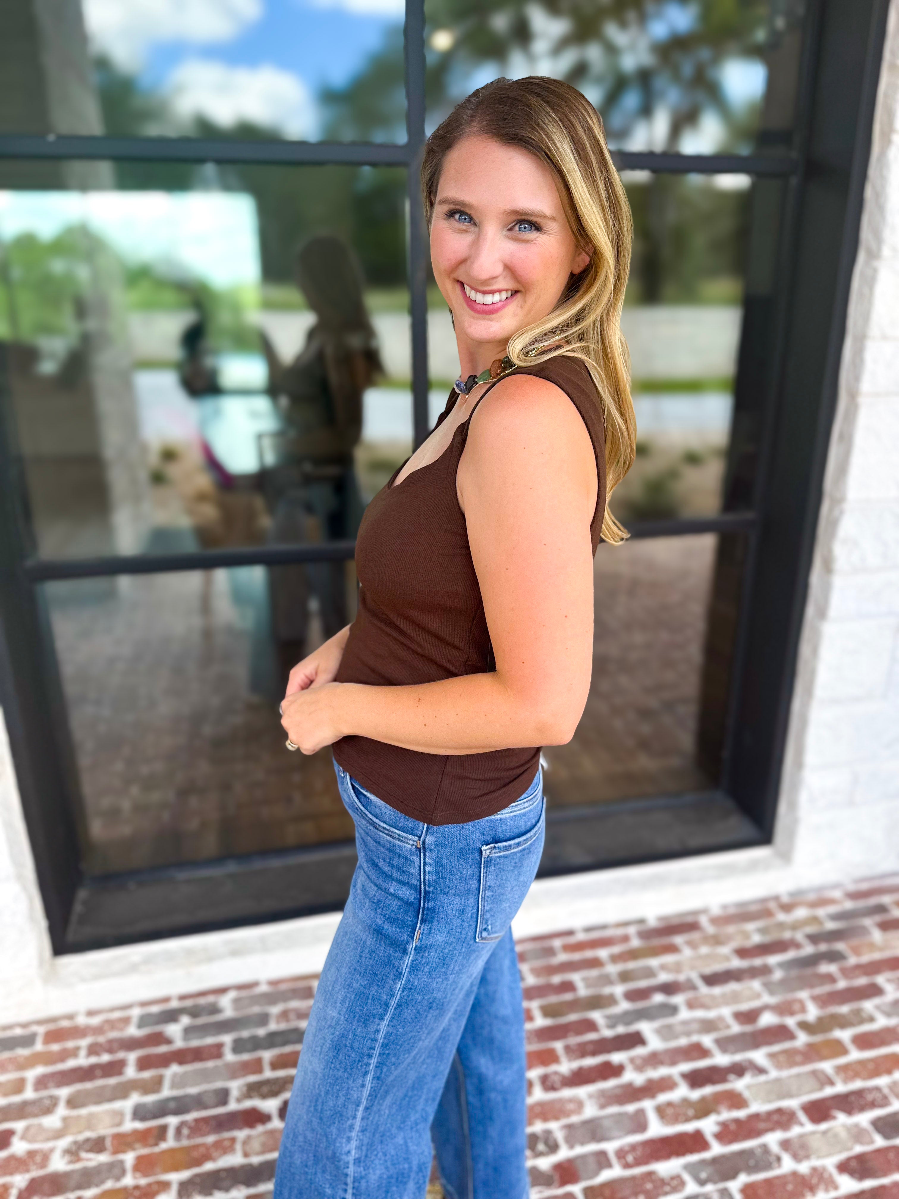 Liverpool - The Signature Scoop Neck Tank - Dark Brown-210 Casual Blouses-LIVERPOOL JEANS COMPANY-July & June Women's Fashion Boutique Located in San Antonio, Texas
