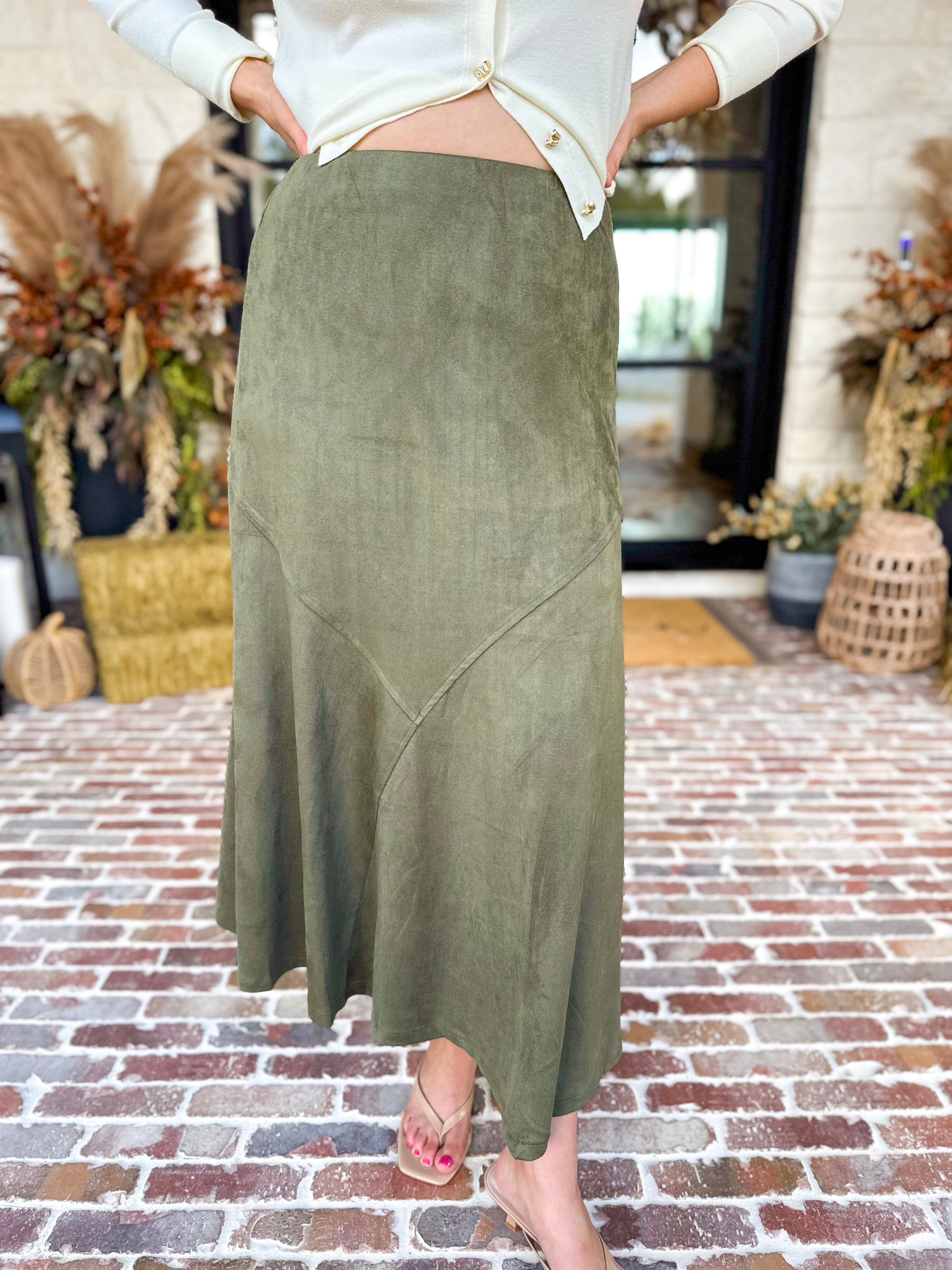 Suede Midi Skirt - Olive-410 Shorts/Skirts-STYLE USA-July & June Women's Fashion Boutique Located in San Antonio, Texas