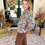 Dusty Blue & Marigold Floral Blouse-200 Fashion Blouses-FATE-July & June Women's Fashion Boutique Located in San Antonio, Texas
