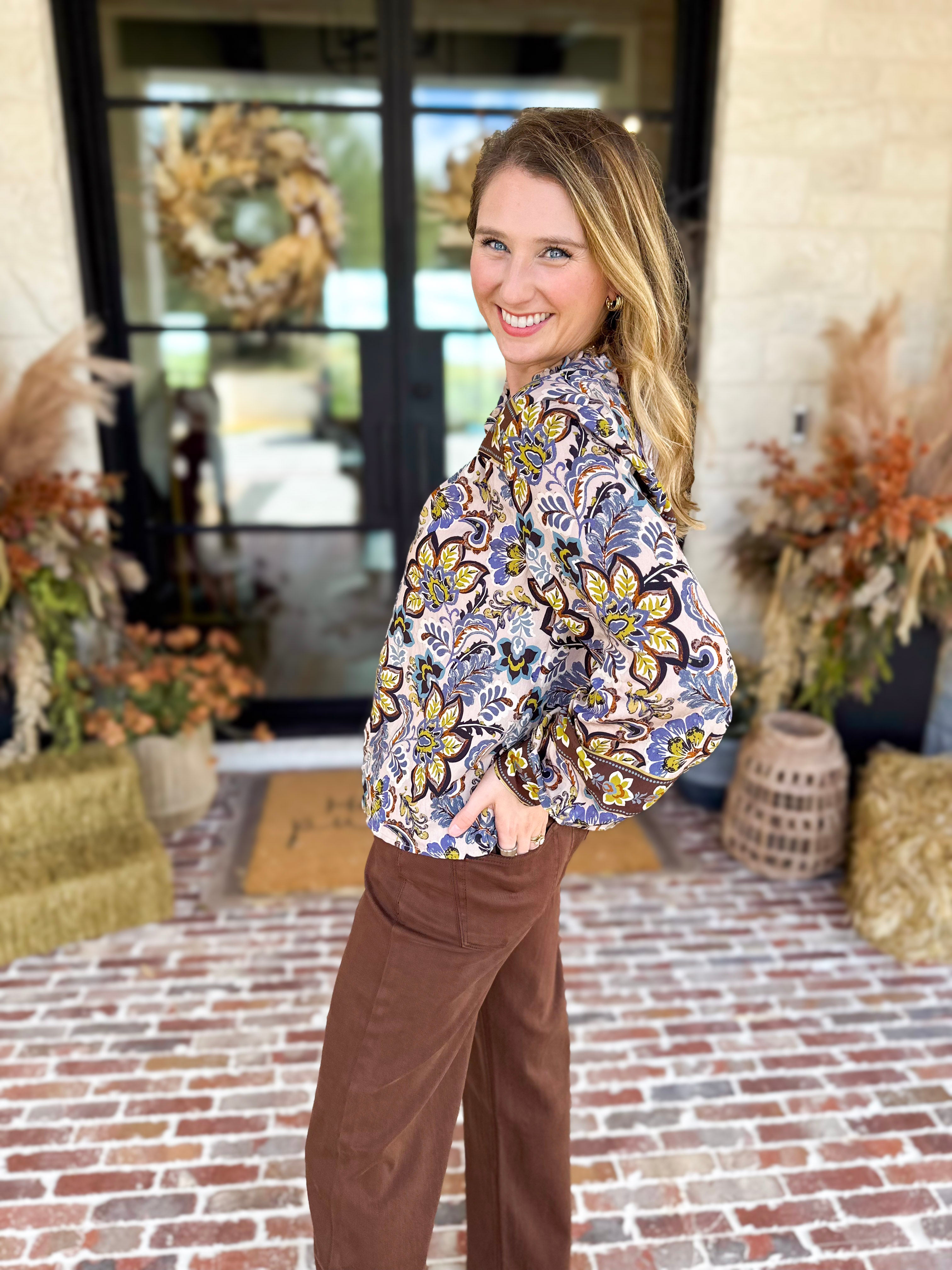 Dusty Blue & Marigold Floral Blouse-200 Fashion Blouses-FATE-July & June Women's Fashion Boutique Located in San Antonio, Texas