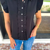 Ruffle & Pearl Detail Button Down Top - Black-200 Fashion Blouses-JODIFL-July & June Women's Fashion Boutique Located in San Antonio, Texas