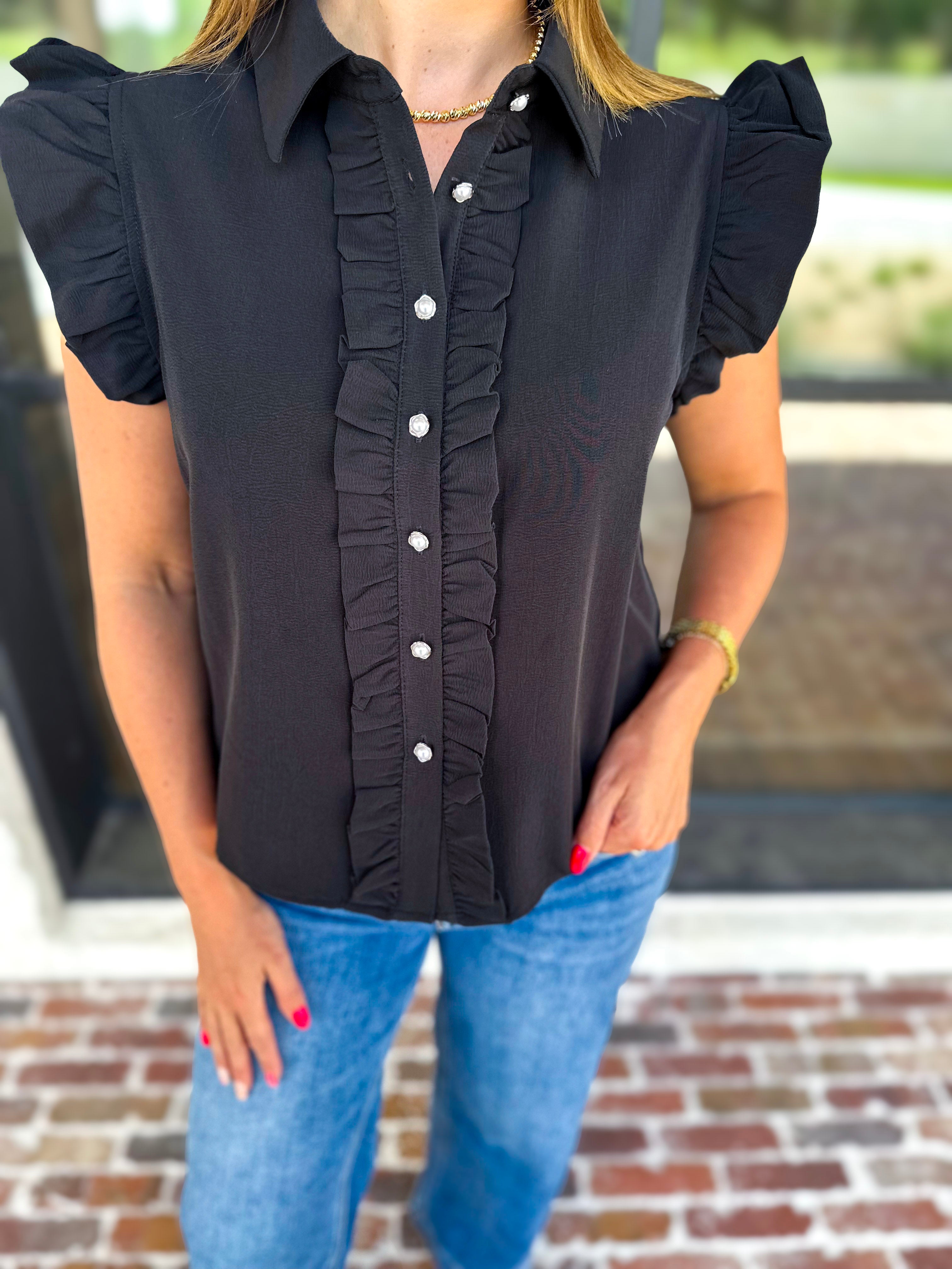Ruffle & Pearl Detail Button Down Top - Black-200 Fashion Blouses-JODIFL-July & June Women's Fashion Boutique Located in San Antonio, Texas