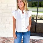 Ruffle & Pearl Detail Button Down Top - White-200 Fashion Blouses-JODIFL-July & June Women's Fashion Boutique Located in San Antonio, Texas