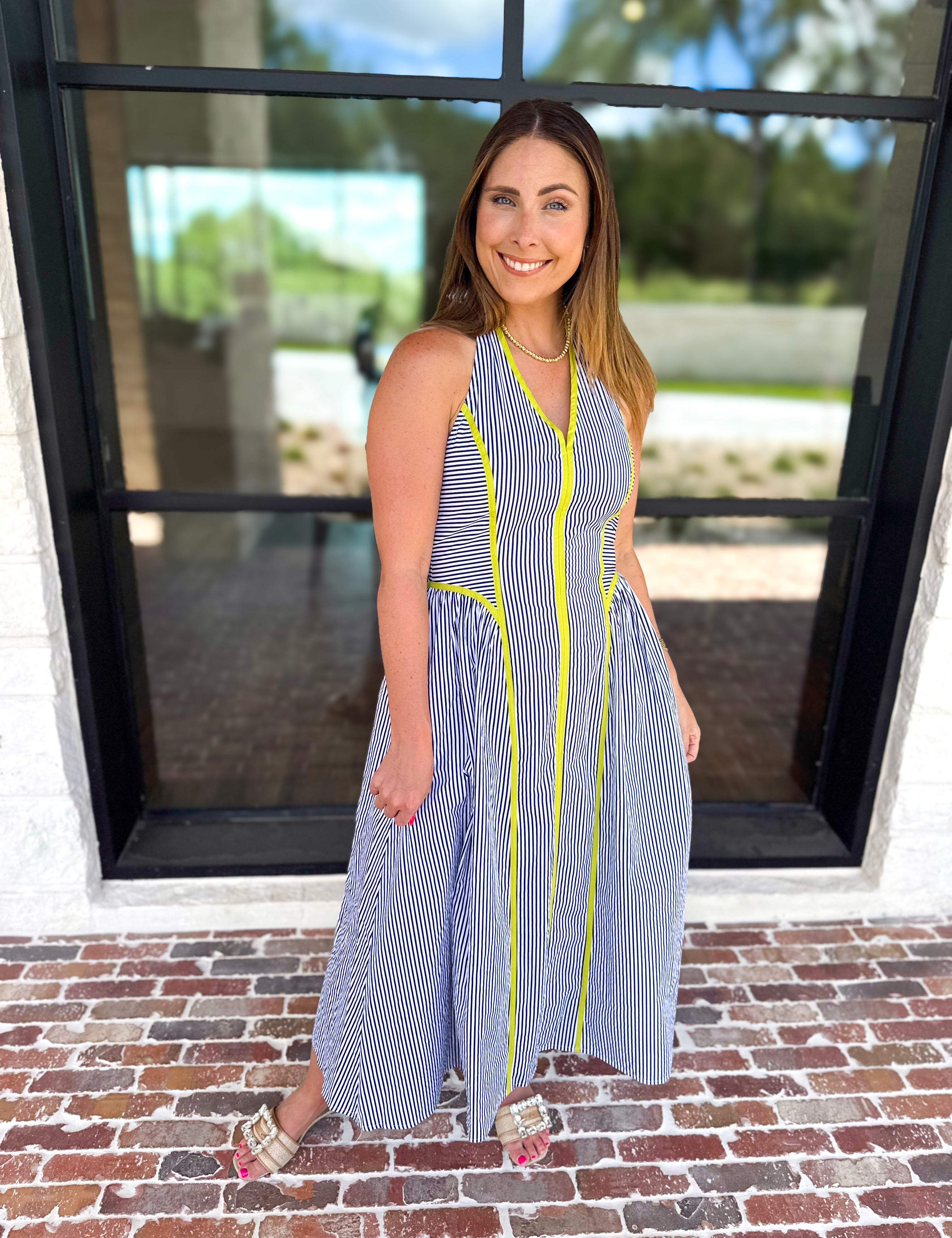 Chic Striped Halter Midi Dress-500 Midi-ENTRO-July & June Women's Fashion Boutique Located in San Antonio, Texas
