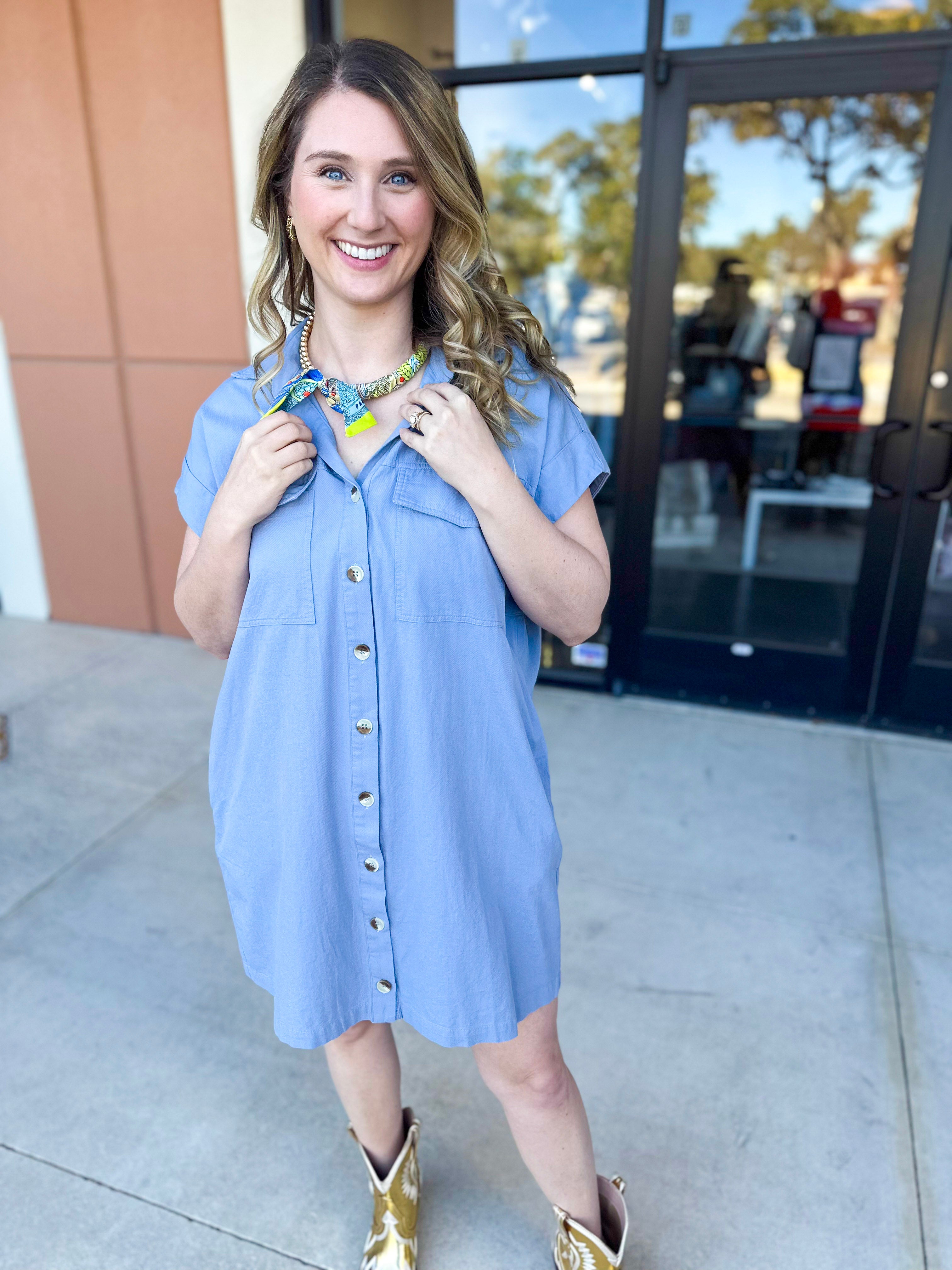 Go-To Utility Mini Dress - Blue-510 Mini-IN FEBRUARY-July & June Women's Fashion Boutique Located in San Antonio, Texas