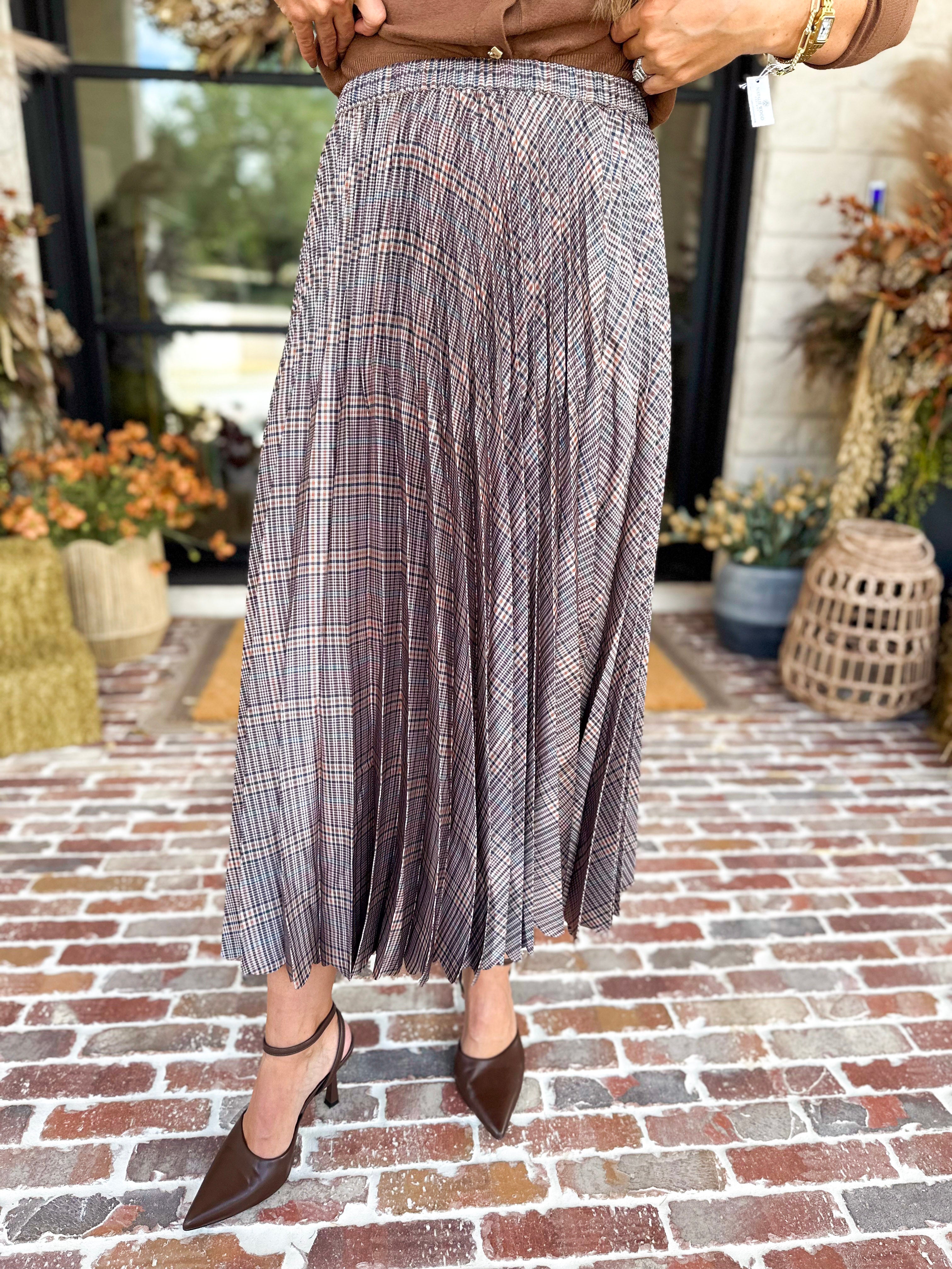 Current Air - Kensington Plaid Pleated Midi Skirt-410 Shorts/Skirts-CURRENT AIR CLOTHING-July & June Women's Fashion Boutique Located in San Antonio, Texas