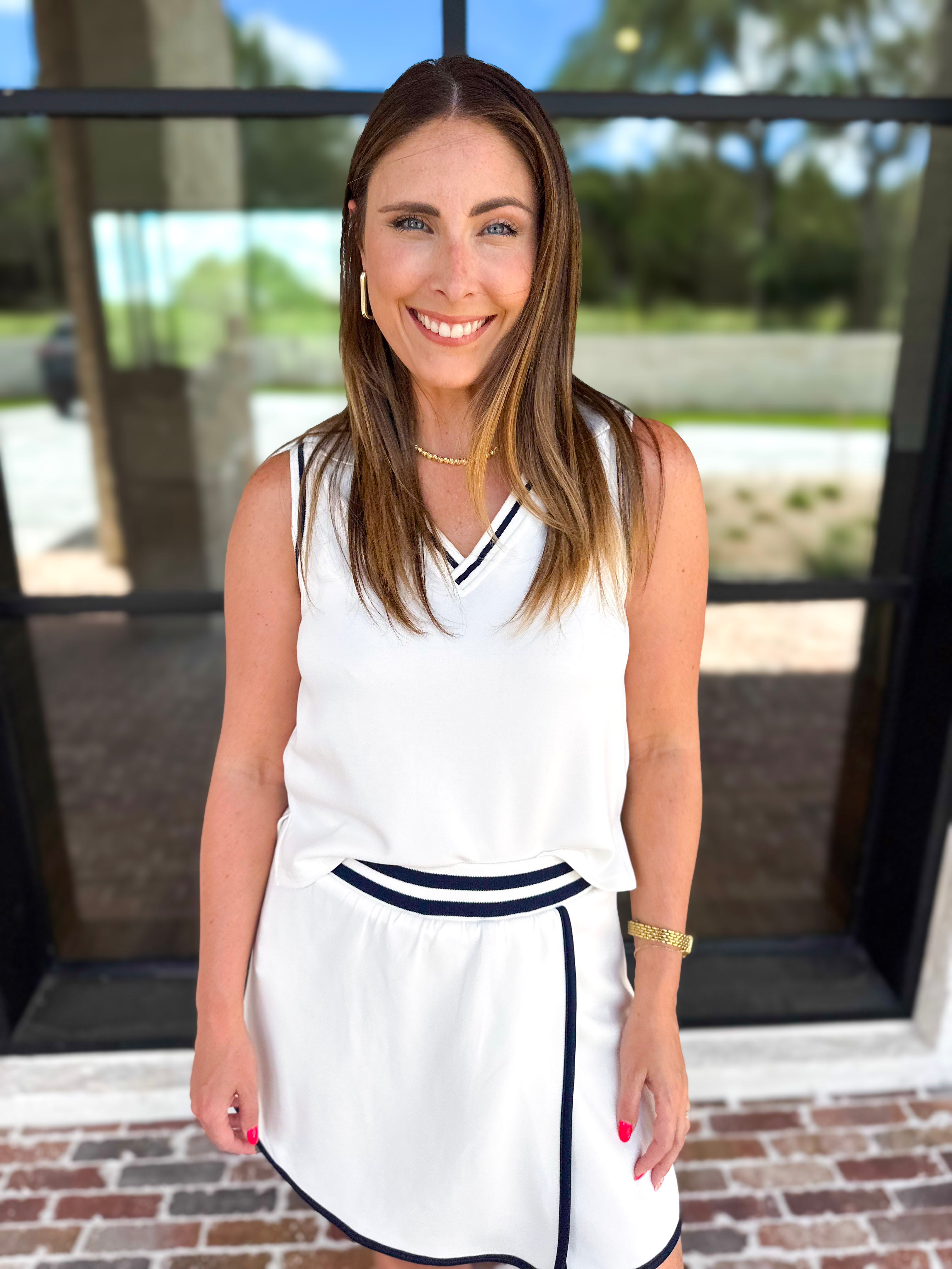 The Sunday Stroll Athleisure Tank - White/Navy-300 Athleisure/Lounge-SKIES ARE BLUE-July & June Women's Fashion Boutique Located in San Antonio, Texas