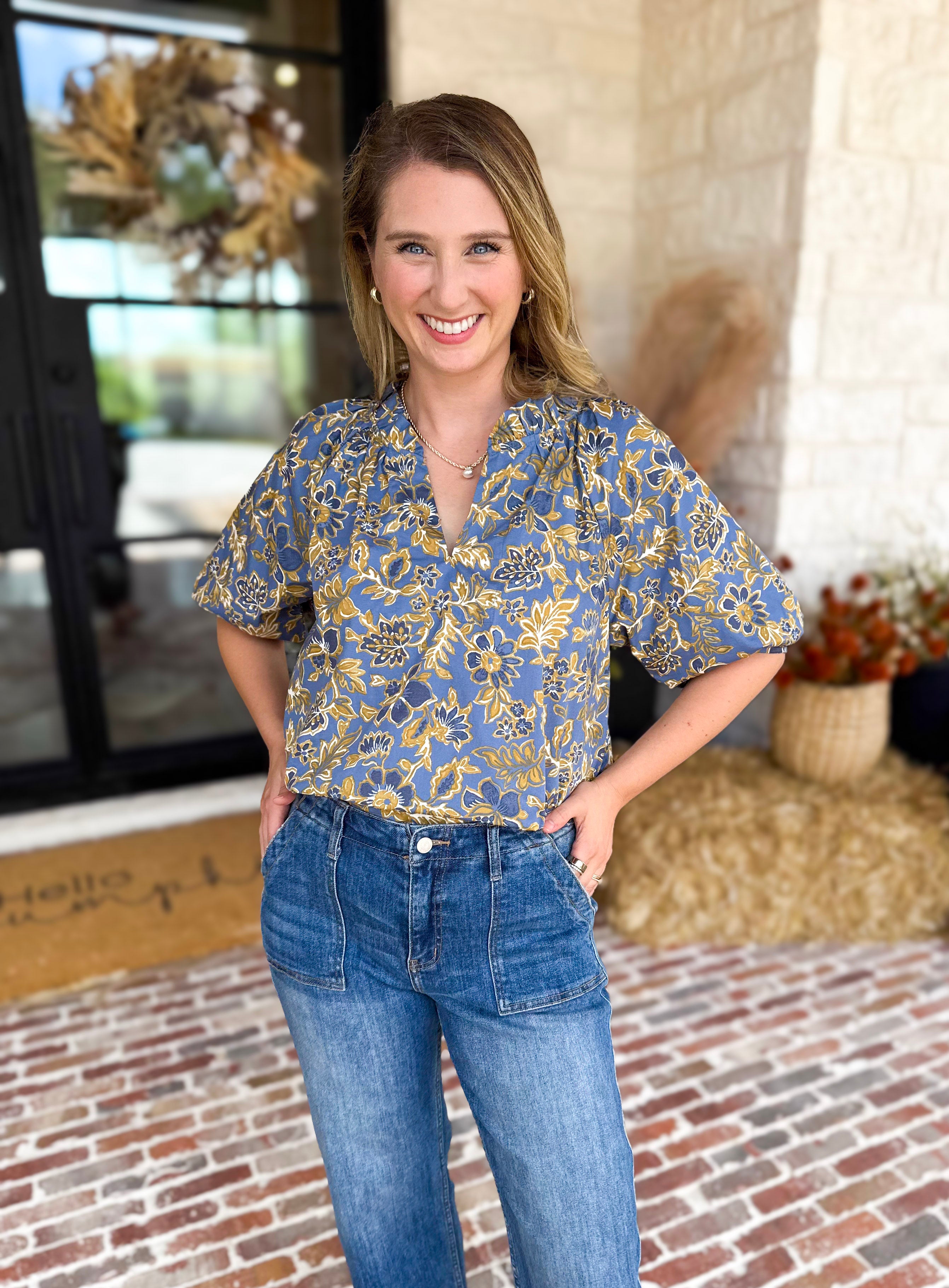 Marina Floral Puff Sleeve Blouse-200 Fashion Blouses-OLIVACEOUS-July & June Women's Fashion Boutique Located in San Antonio, Texas