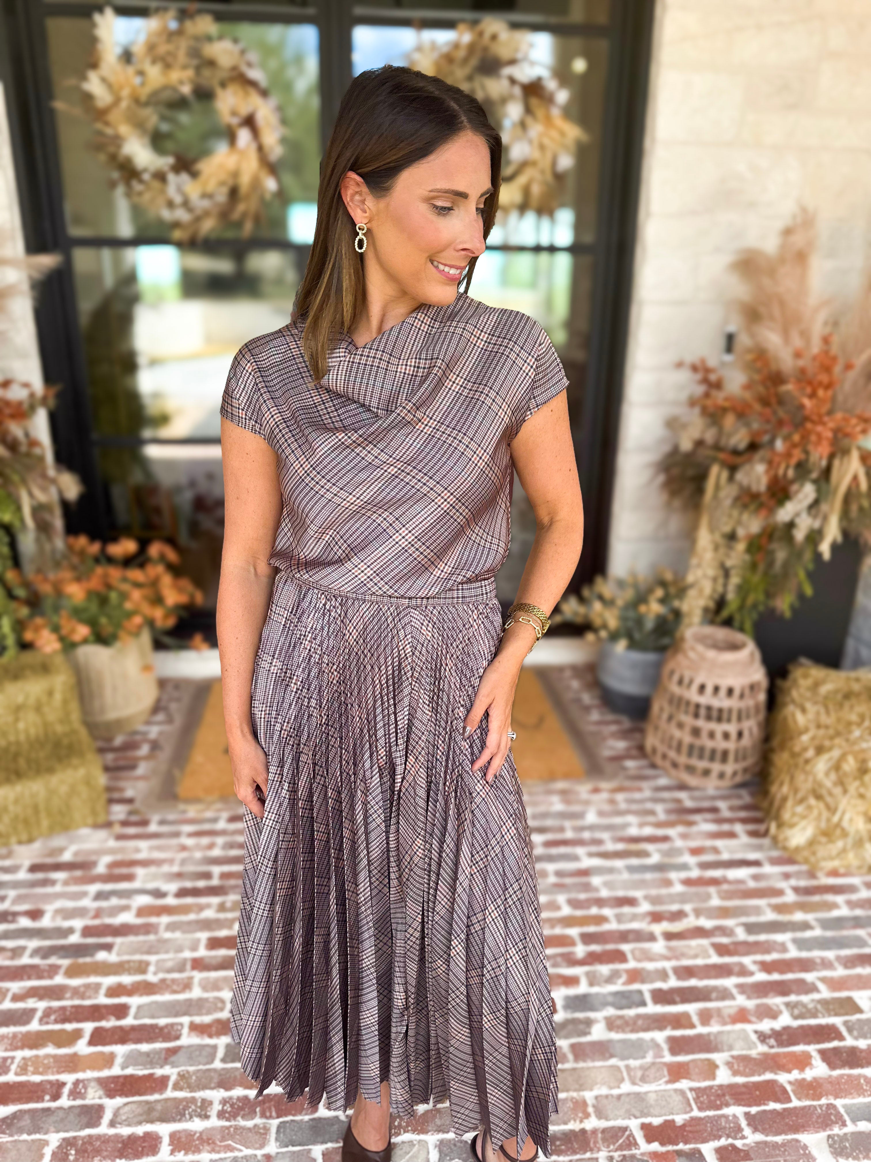 Current Air - Kensington Plaid Pleated Midi Skirt-410 Shorts/Skirts-CURRENT AIR CLOTHING-July & June Women's Fashion Boutique Located in San Antonio, Texas