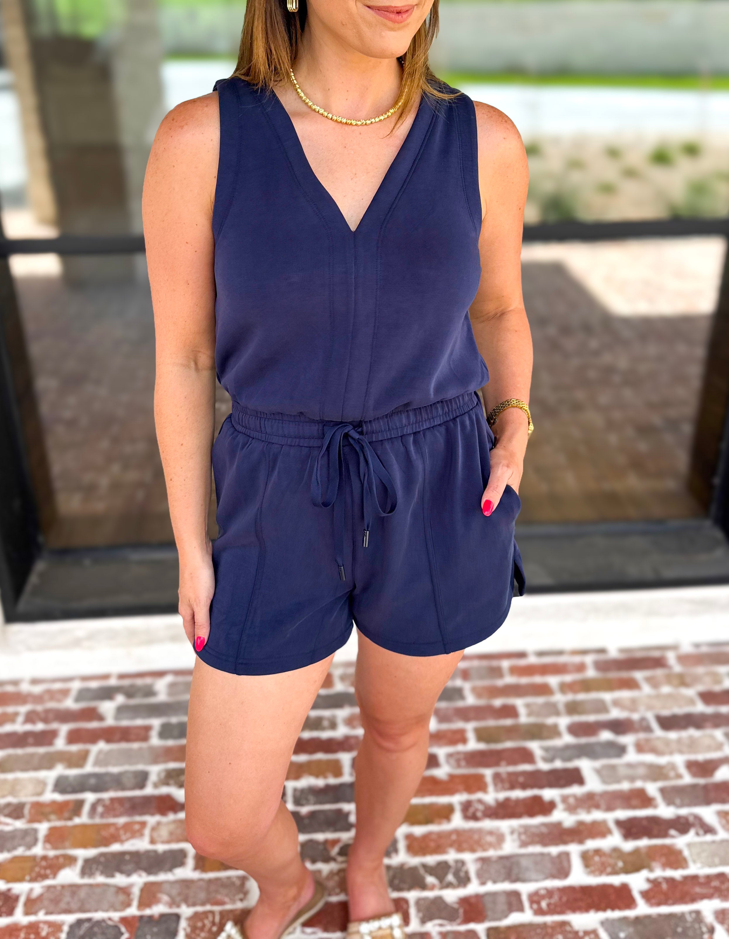The Weekender Navy Romper-300 Athleisure/Lounge-SKIES ARE BLUE-July & June Women's Fashion Boutique Located in San Antonio, Texas
