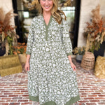 Mary Square - Sage Floral Flowy Midi Dress-500 Midi-MARY SQUARE-July & June Women's Fashion Boutique Located in San Antonio, Texas