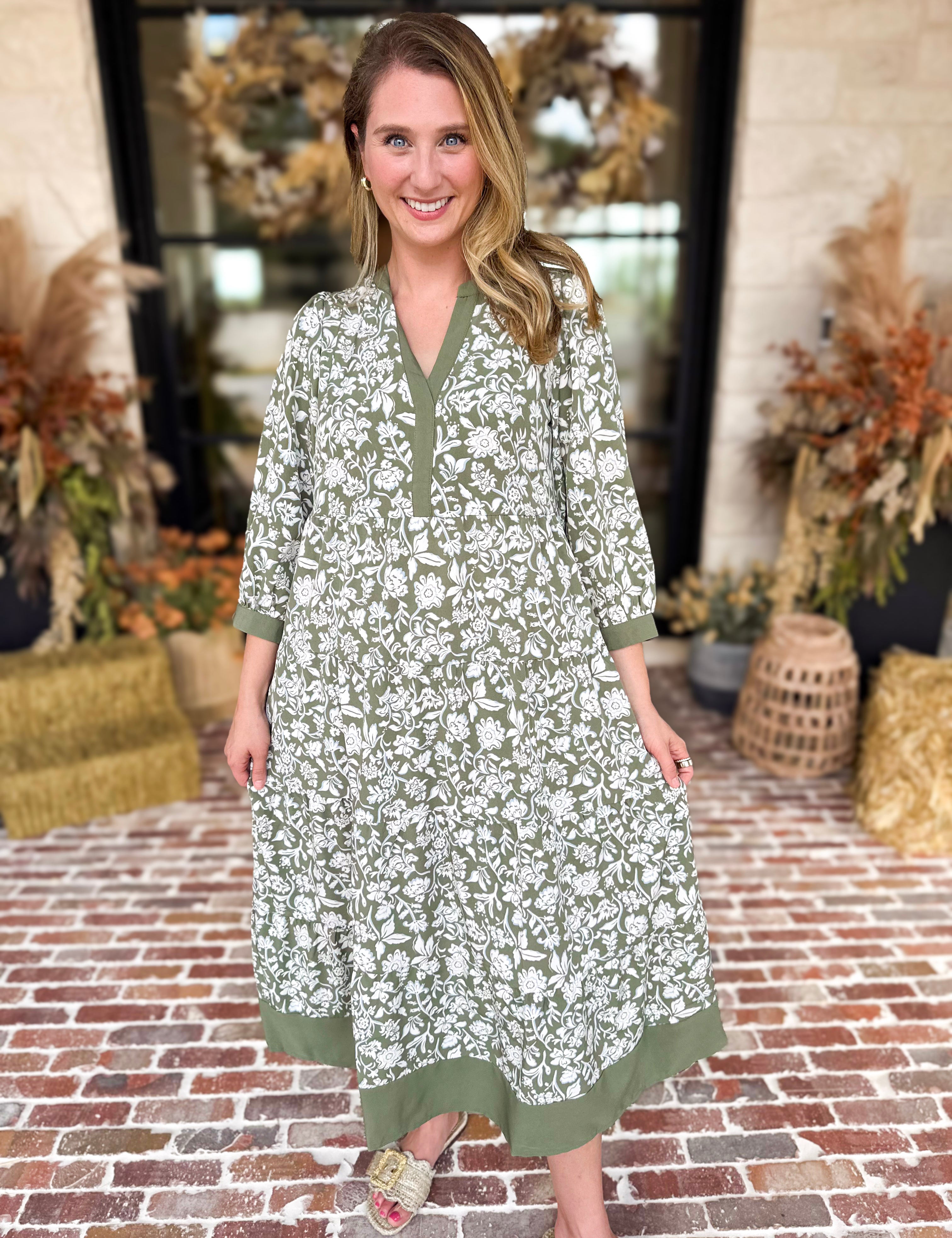 Mary Square - Sage Floral Flowy Midi Dress-500 Midi-MARY SQUARE-July & June Women's Fashion Boutique Located in San Antonio, Texas