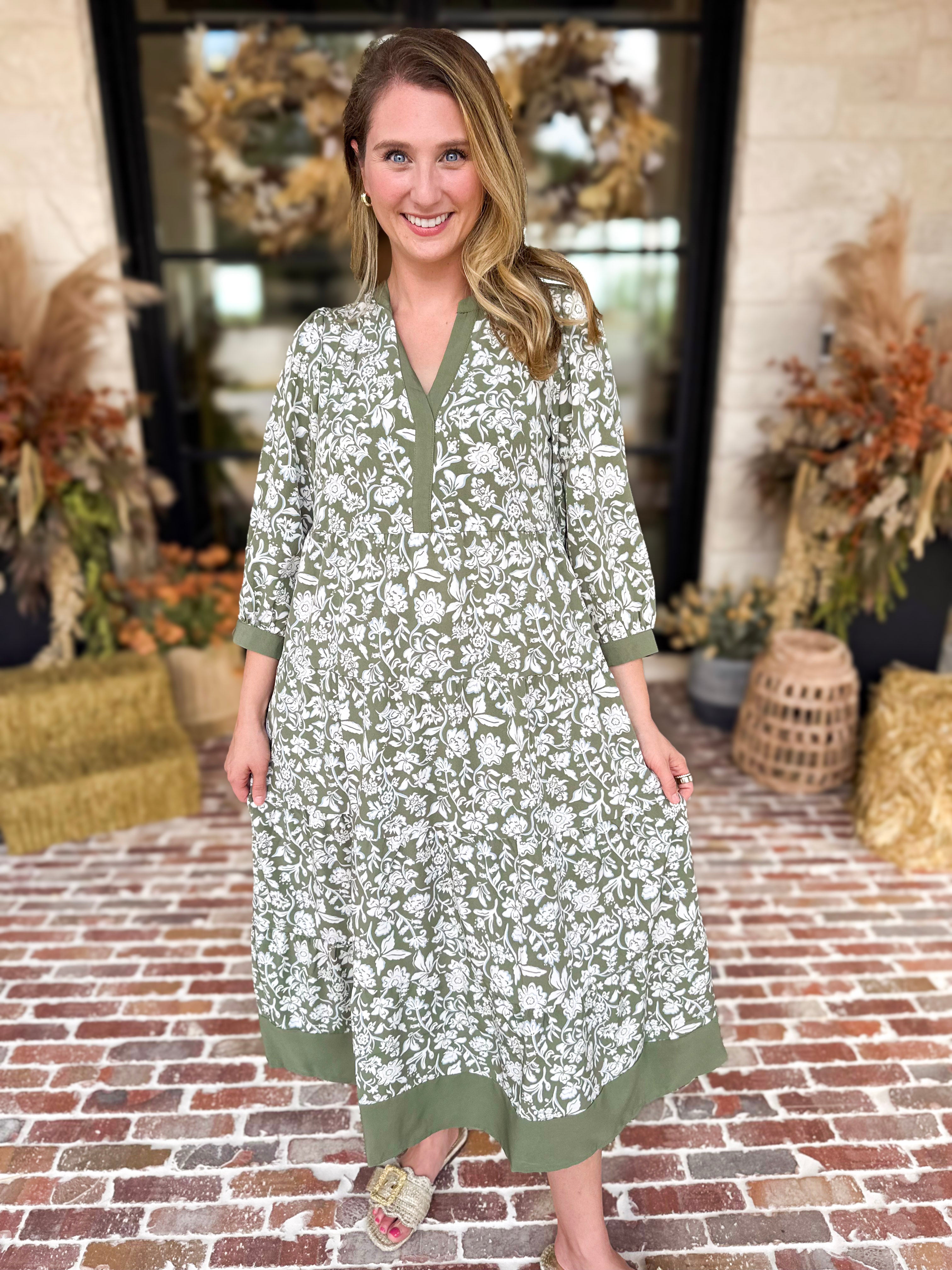 Mary Square - Sage Floral Flowy Midi Dress-500 Midi-MARY SQUARE-July & June Women's Fashion Boutique Located in San Antonio, Texas
