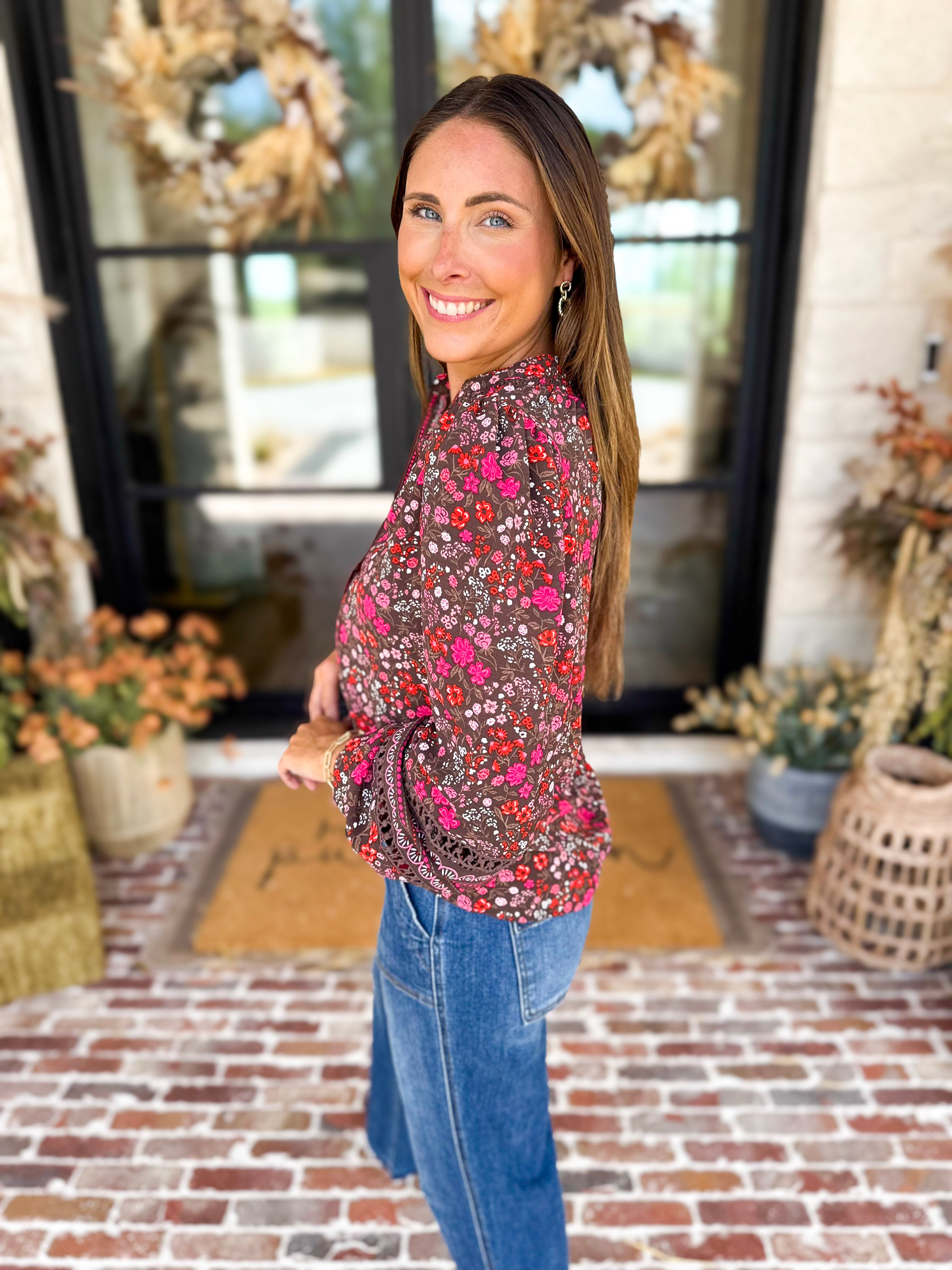 Mary Square - Raspberry Florals Blouse-200 Fashion Blouses-MARY SQUARE-July & June Women's Fashion Boutique Located in San Antonio, Texas