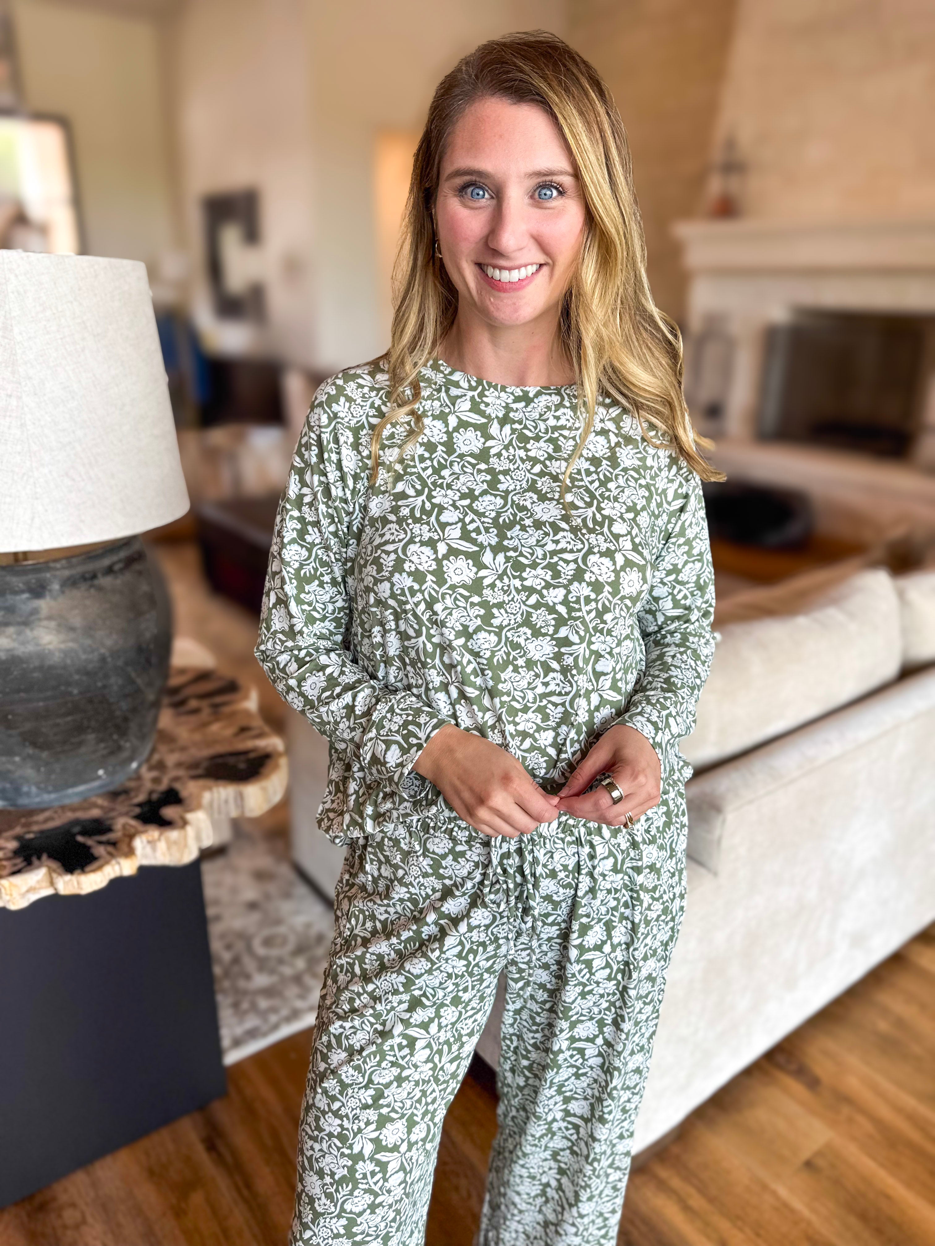 Mary Square - Olive Painted Trillium PJ Pant Set-300 Athleisure/Lounge-MARY SQUARE-July & June Women's Fashion Boutique Located in San Antonio, Texas