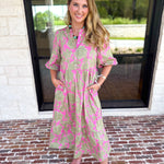 Mary Square - Riley Pink & Sage Floral Midi Dress-500 Midi-MARY SQUARE-July & June Women's Fashion Boutique Located in San Antonio, Texas