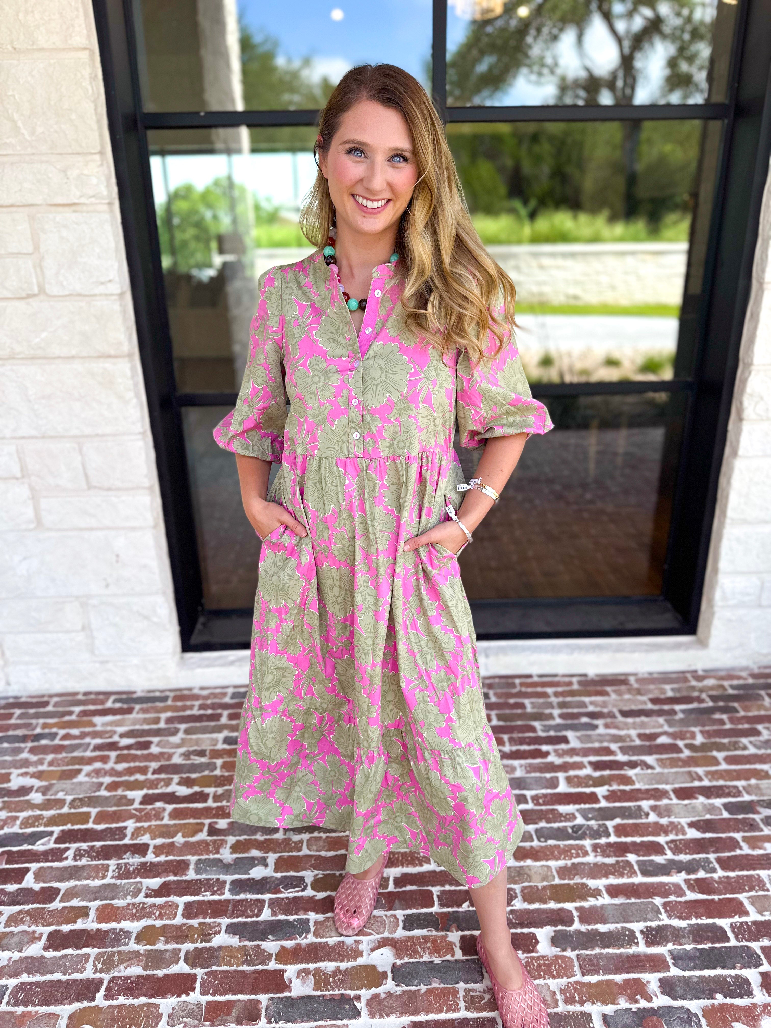 Mary Square - Riley Pink & Sage Floral Midi Dress-500 Midi-MARY SQUARE-July & June Women's Fashion Boutique Located in San Antonio, Texas