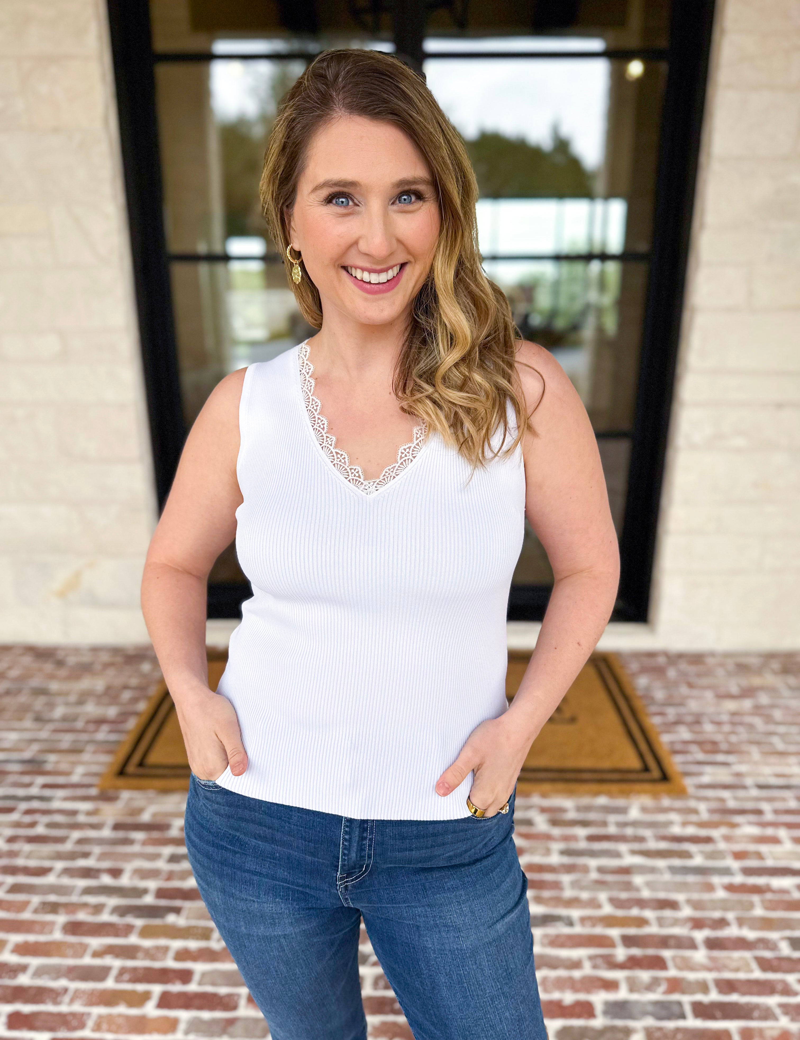 Current Air - Elegant Knit Tank - White-200 Fashion Blouses-CURRENT AIR CLOTHING-July & June Women's Fashion Boutique Located in San Antonio, Texas