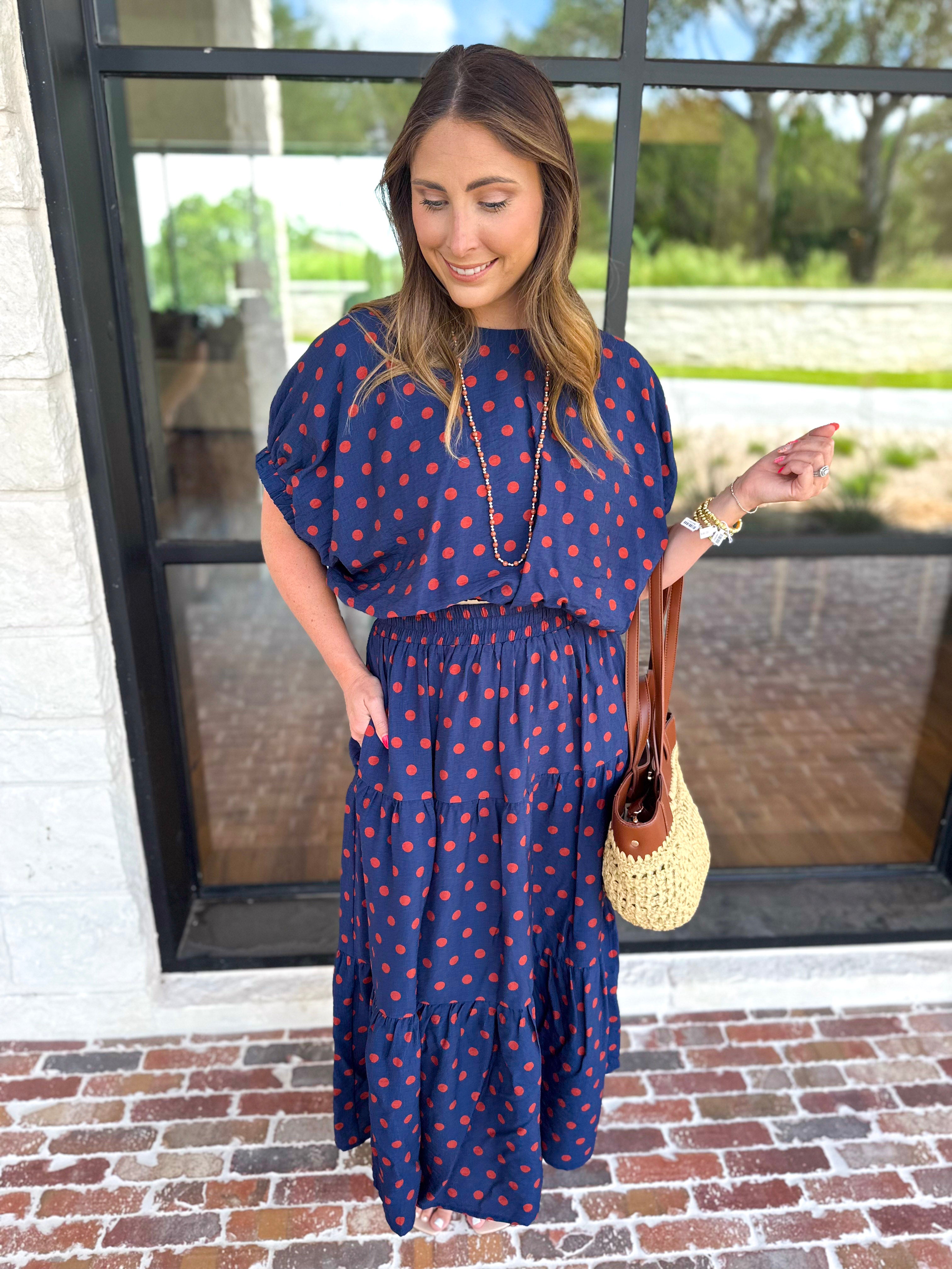 Darling in Dots Set - Navy & Rust-500 Midi-ENTRO-July & June Women's Fashion Boutique Located in San Antonio, Texas