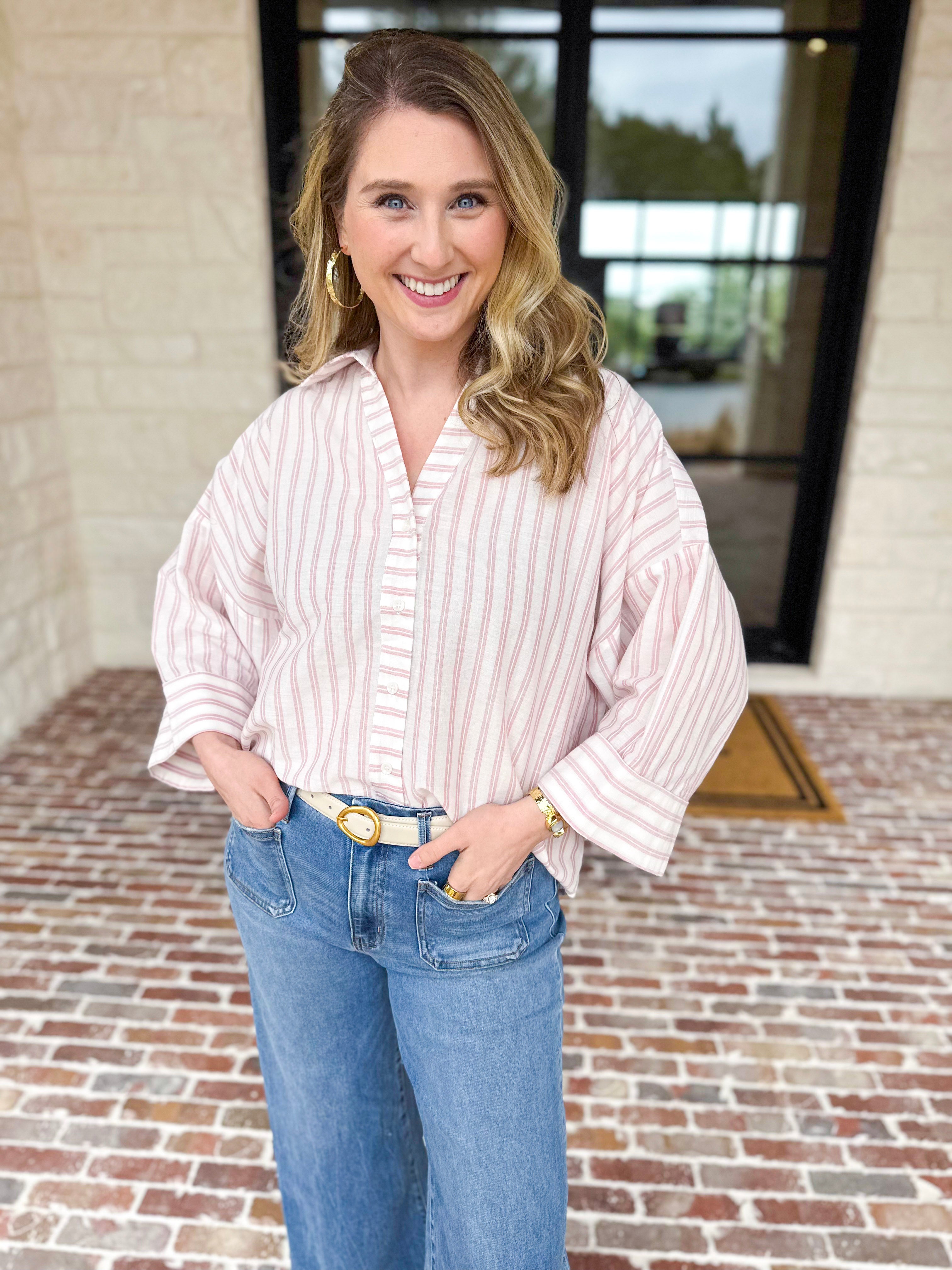 Comfy Coastal Button Down - Pink-200 Fashion Blouses-IN FEBRUARY-July & June Women's Fashion Boutique Located in San Antonio, Texas
