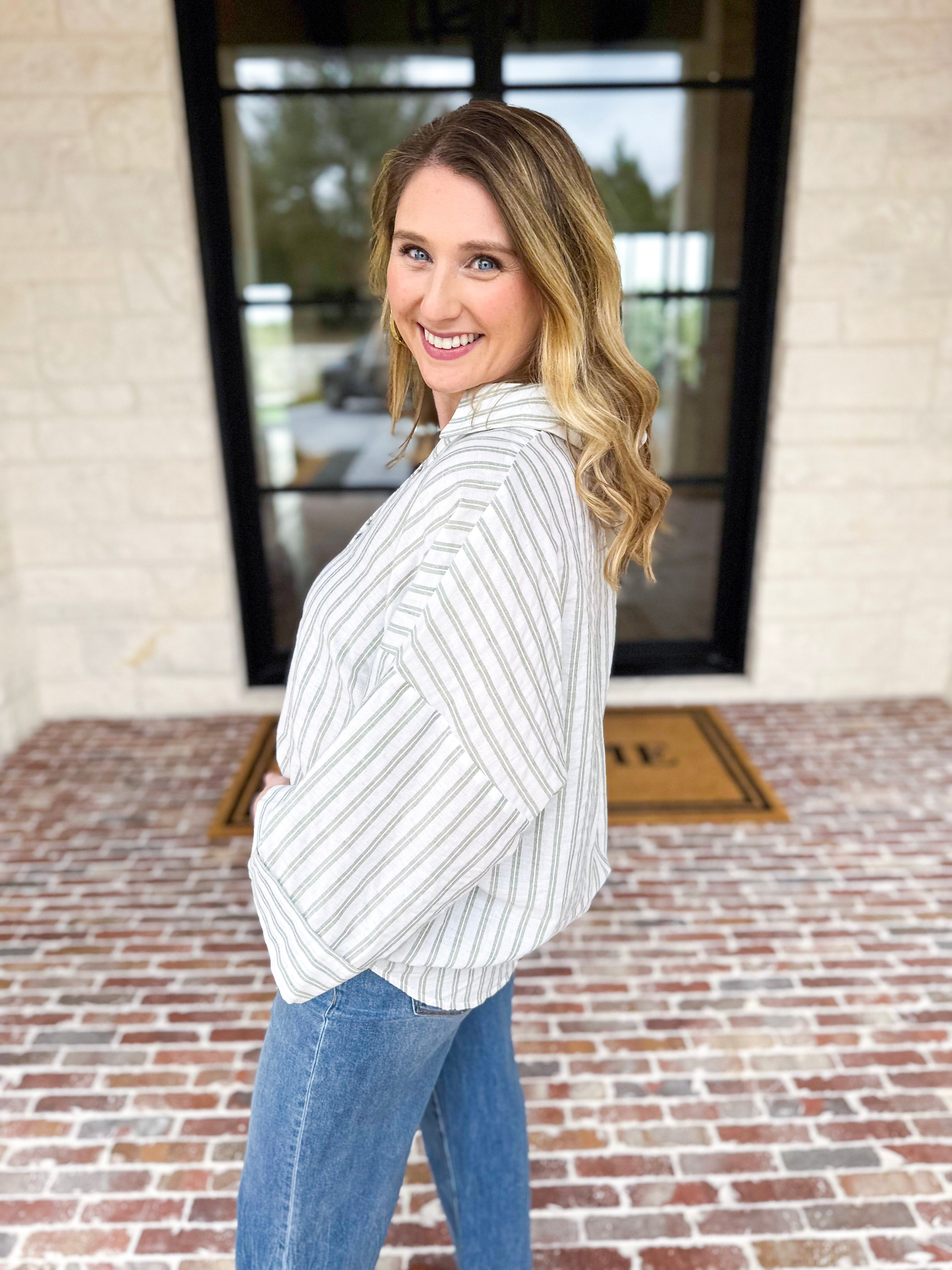 Comfy Coastal Button Down - Sage-200 Fashion Blouses-IN FEBRUARY-July & June Women's Fashion Boutique Located in San Antonio, Texas