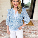 Light Blue Floral Blouse-200 Fashion Blouses-STRUT & BOLT-July & June Women's Fashion Boutique Located in San Antonio, Texas