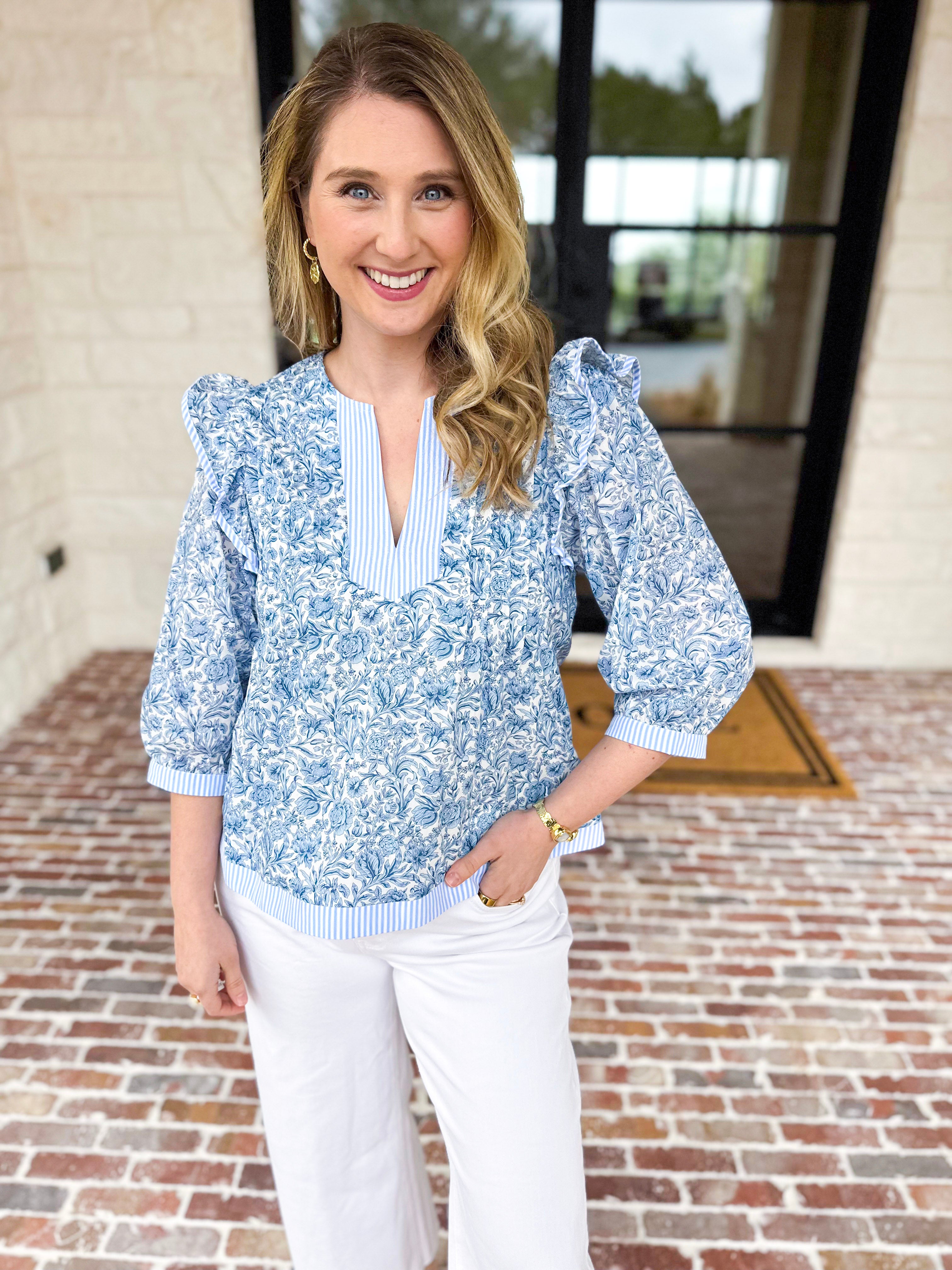 Light Blue Floral Blouse-200 Fashion Blouses-STRUT & BOLT-July & June Women's Fashion Boutique Located in San Antonio, Texas
