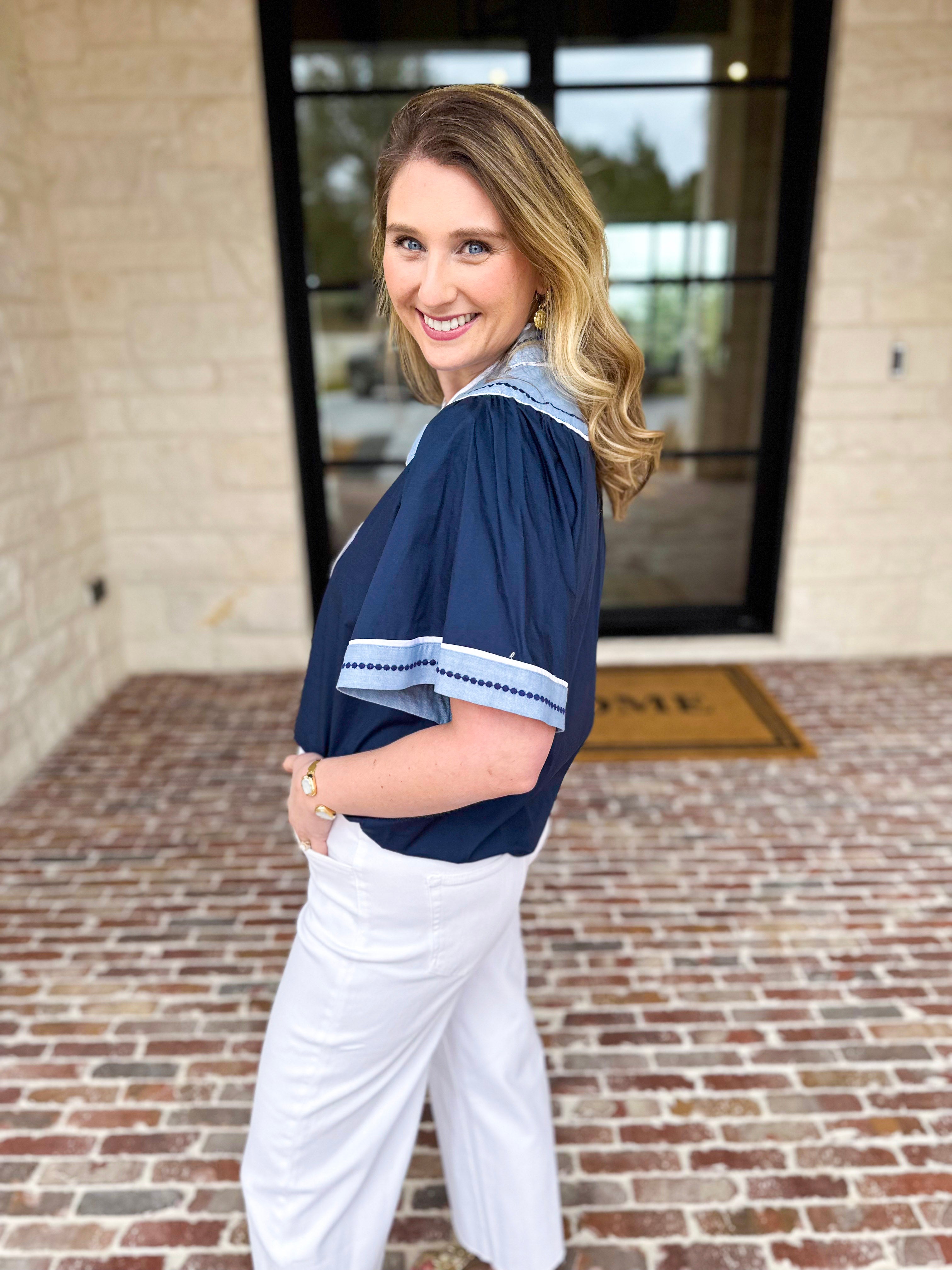 THML - Navy & Light Blue Blouse-200 Fashion Blouses-THML-July & June Women's Fashion Boutique Located in San Antonio, Texas