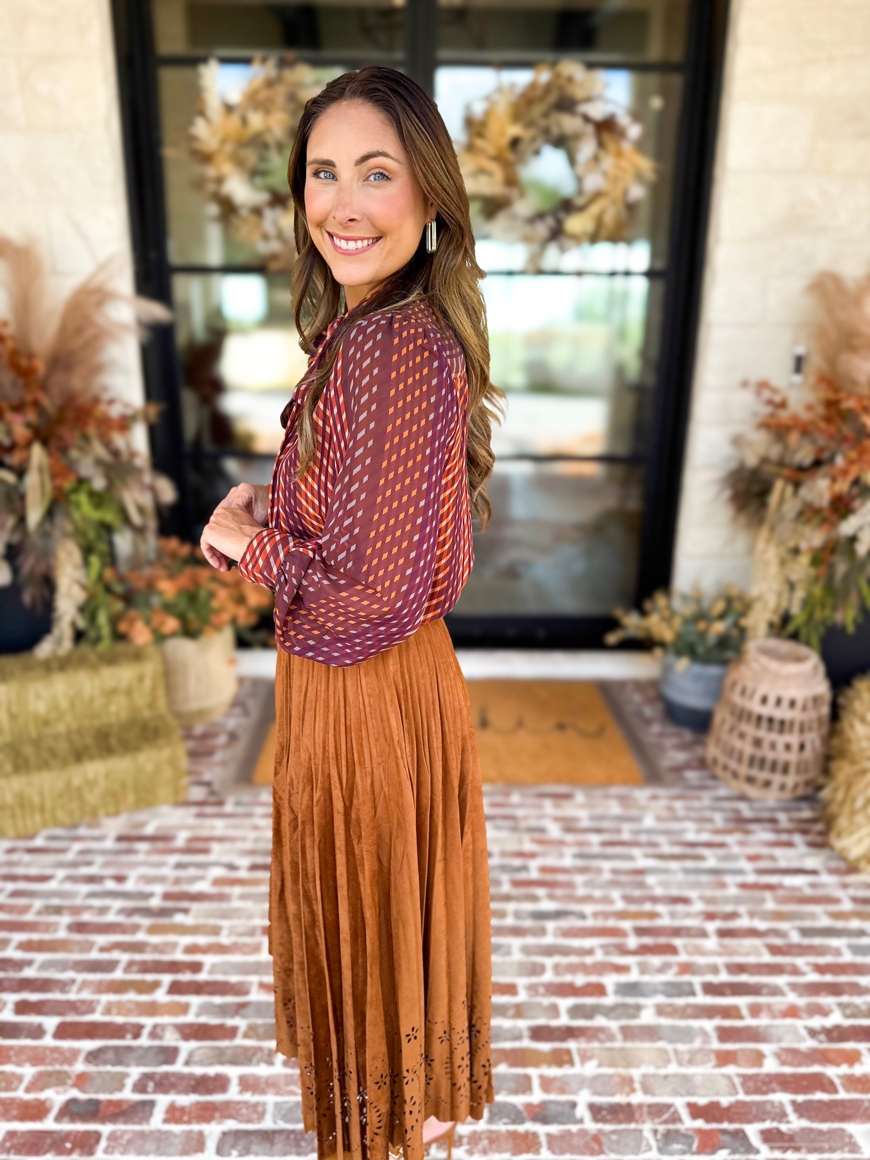 Liverpool - Fall Afterglow Neck Tie Blouse-200 Fashion Blouses-LIVERPOOL JEANS COMPANY-July & June Women's Fashion Boutique Located in San Antonio, Texas
