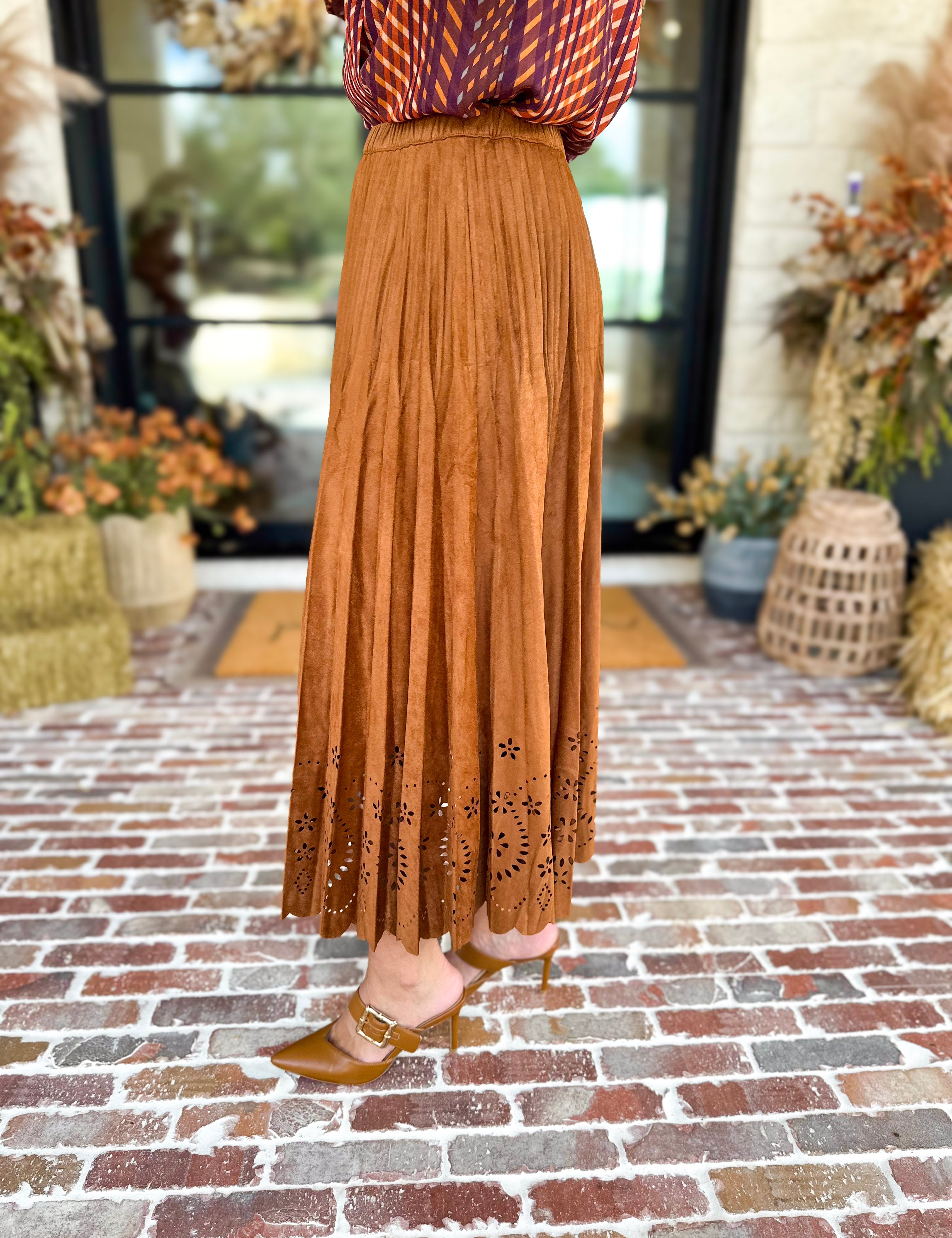 Current Air - Chestnut Fleur Suede Midi Skirt-410 Shorts/Skirts-CURRENT AIR CLOTHING-July & June Women's Fashion Boutique Located in San Antonio, Texas