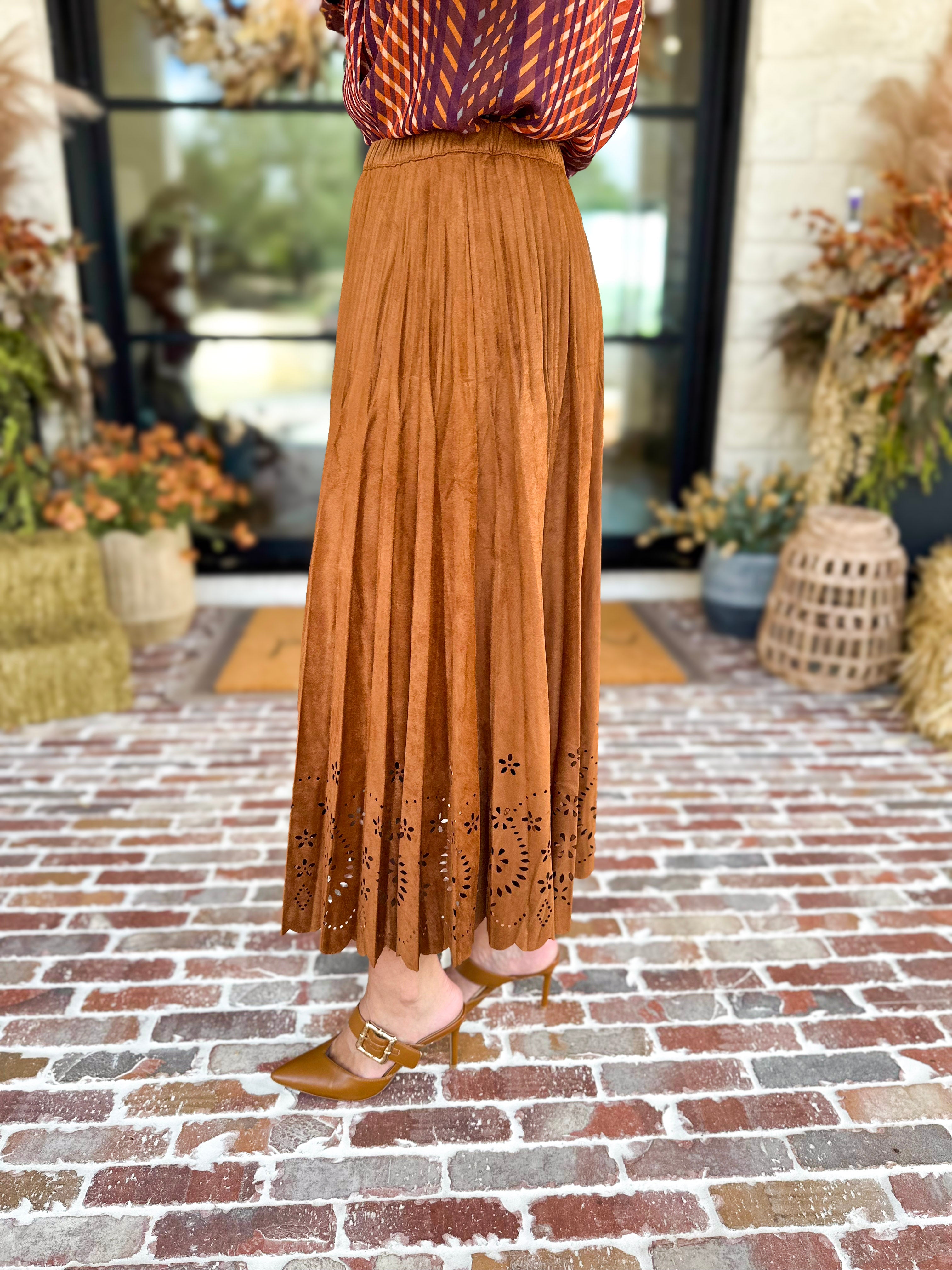 Current Air - Chestnut Fleur Suede Midi Skirt-410 Shorts/Skirts-CURRENT AIR CLOTHING-July & June Women's Fashion Boutique Located in San Antonio, Texas