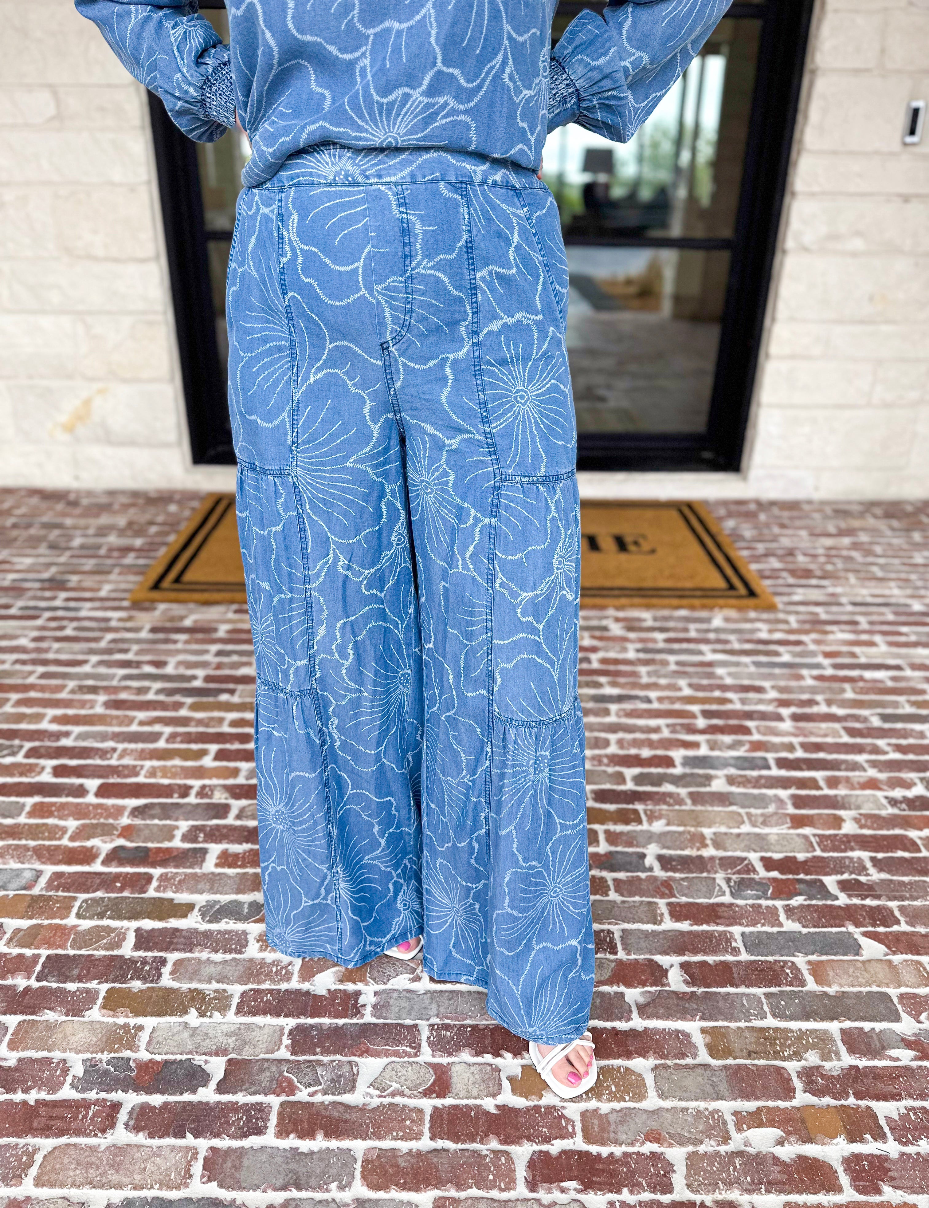 Current Air - Floral Chambray Pants-400 Pants-CURRENT AIR CLOTHING-July & June Women's Fashion Boutique Located in San Antonio, Texas