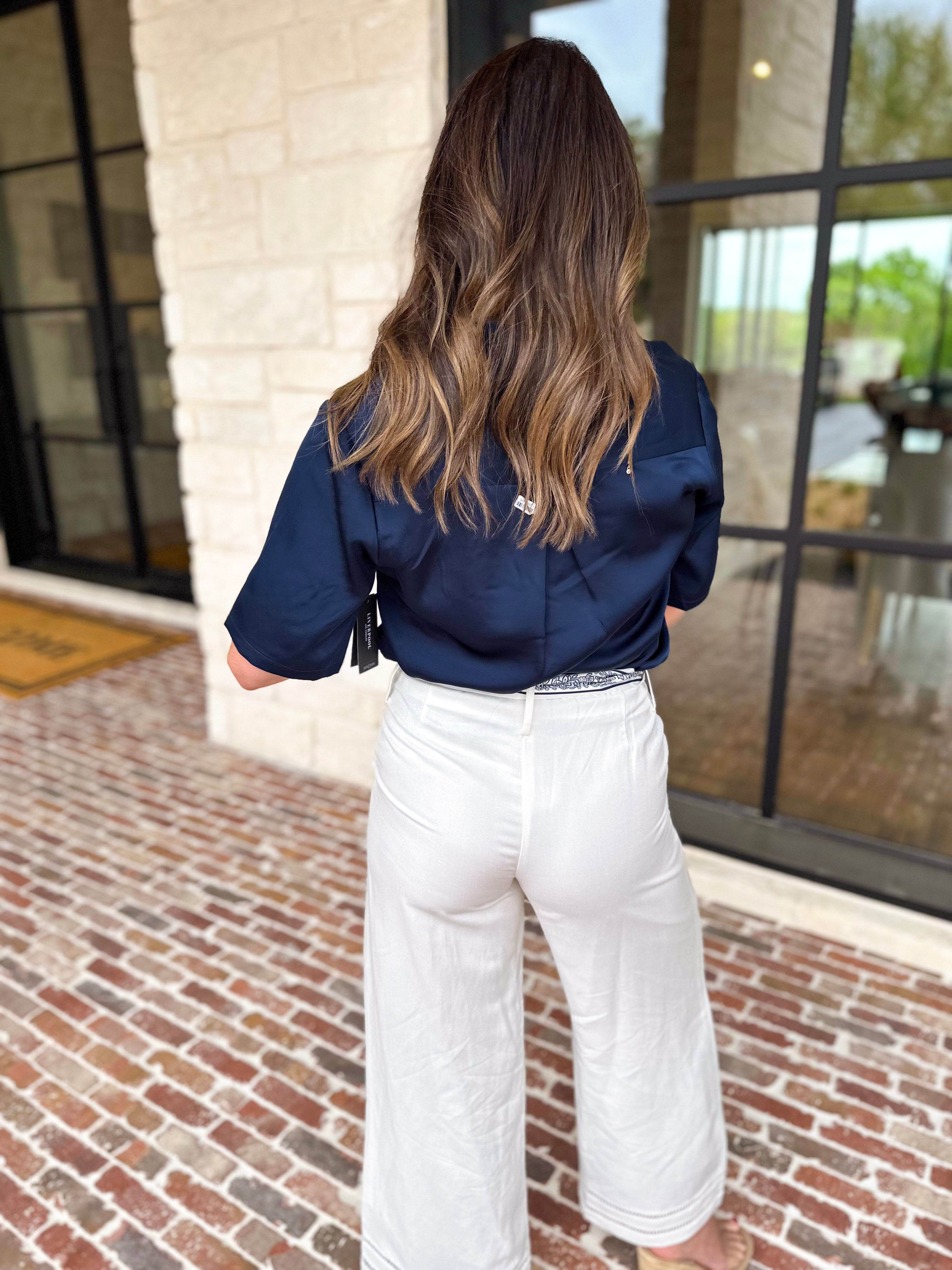 LIVERPOOL - Short Sleeve Satin Top - Navy-200 Fashion Blouses-LIVERPOOL JEANS COMPANY-July & June Women's Fashion Boutique Located in San Antonio, Texas