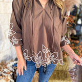 Maya Floral Stitch Blouse - Mocha-200 Fashion Blouses-ENTRO-July & June Women's Fashion Boutique Located in San Antonio, Texas