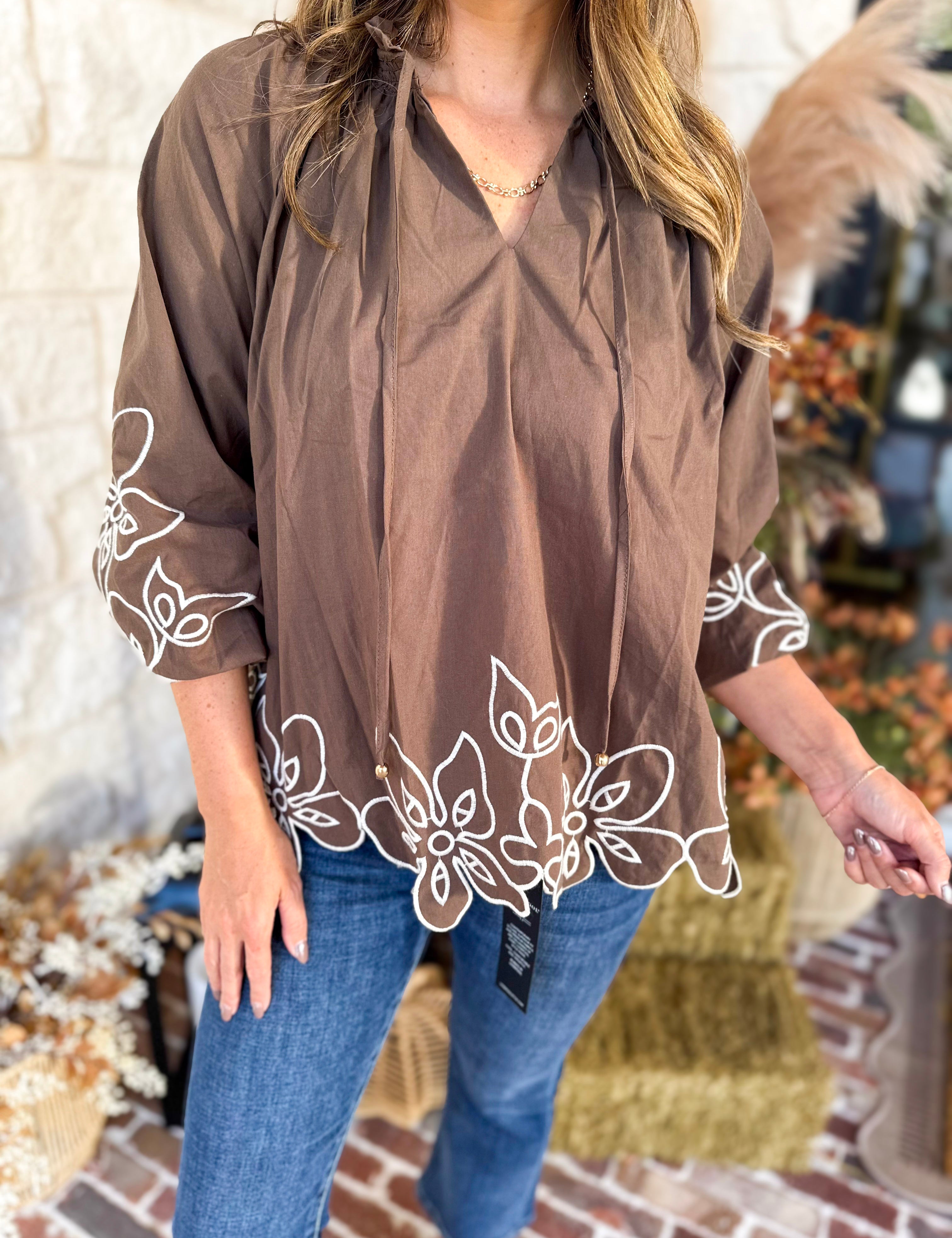 Maya Floral Stitch Blouse - Mocha-200 Fashion Blouses-ENTRO-July & June Women's Fashion Boutique Located in San Antonio, Texas