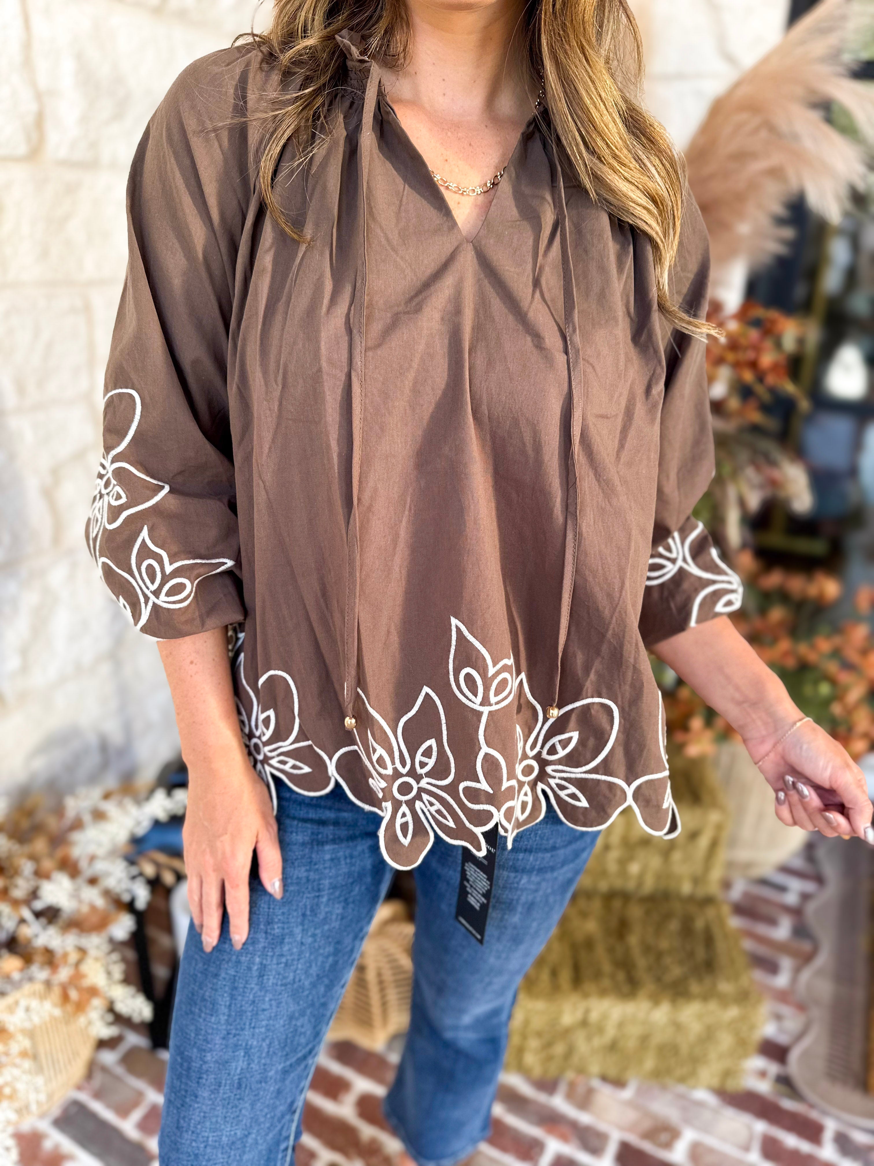 Maya Floral Stitch Blouse - Mocha-200 Fashion Blouses-ENTRO-July & June Women's Fashion Boutique Located in San Antonio, Texas