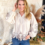 Maya Floral Stitch Blouse - Ivory-200 Fashion Blouses-ENTRO-July & June Women's Fashion Boutique Located in San Antonio, Texas