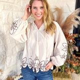 Maya Floral Stitch Blouse - Ivory-200 Fashion Blouses-ENTRO-July & June Women's Fashion Boutique Located in San Antonio, Texas