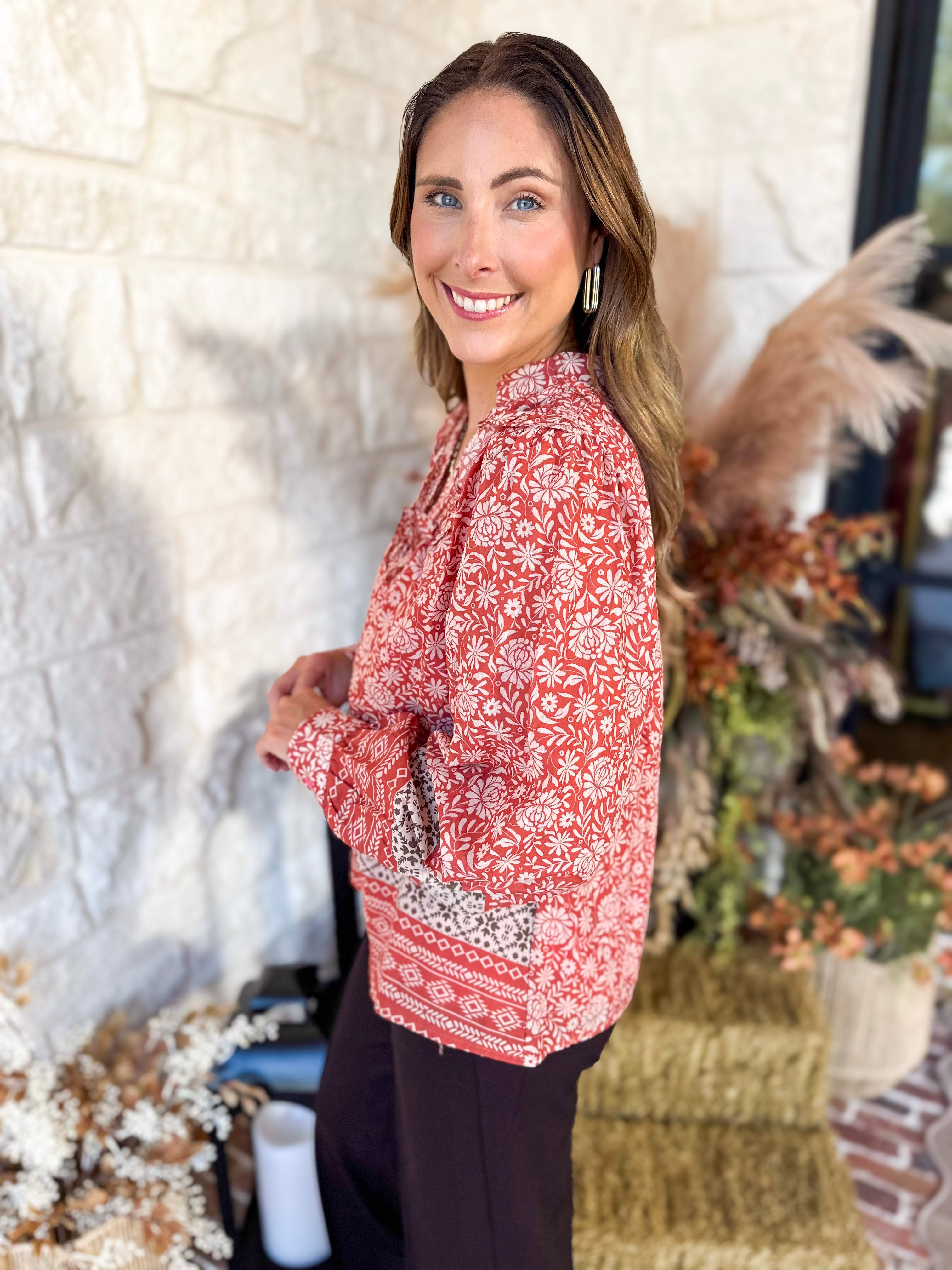 Posey Spiced Apricot Floral Blouse-200 Fashion Blouses-FATE-July & June Women's Fashion Boutique Located in San Antonio, Texas