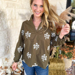 Mary Square - Olive Embroidered Flora Blouse-200 Fashion Blouses-MARY SQUARE-July & June Women's Fashion Boutique Located in San Antonio, Texas