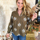 Mary Square - Olive Embroidered Flora Blouse-200 Fashion Blouses-MARY SQUARE-July & June Women's Fashion Boutique Located in San Antonio, Texas